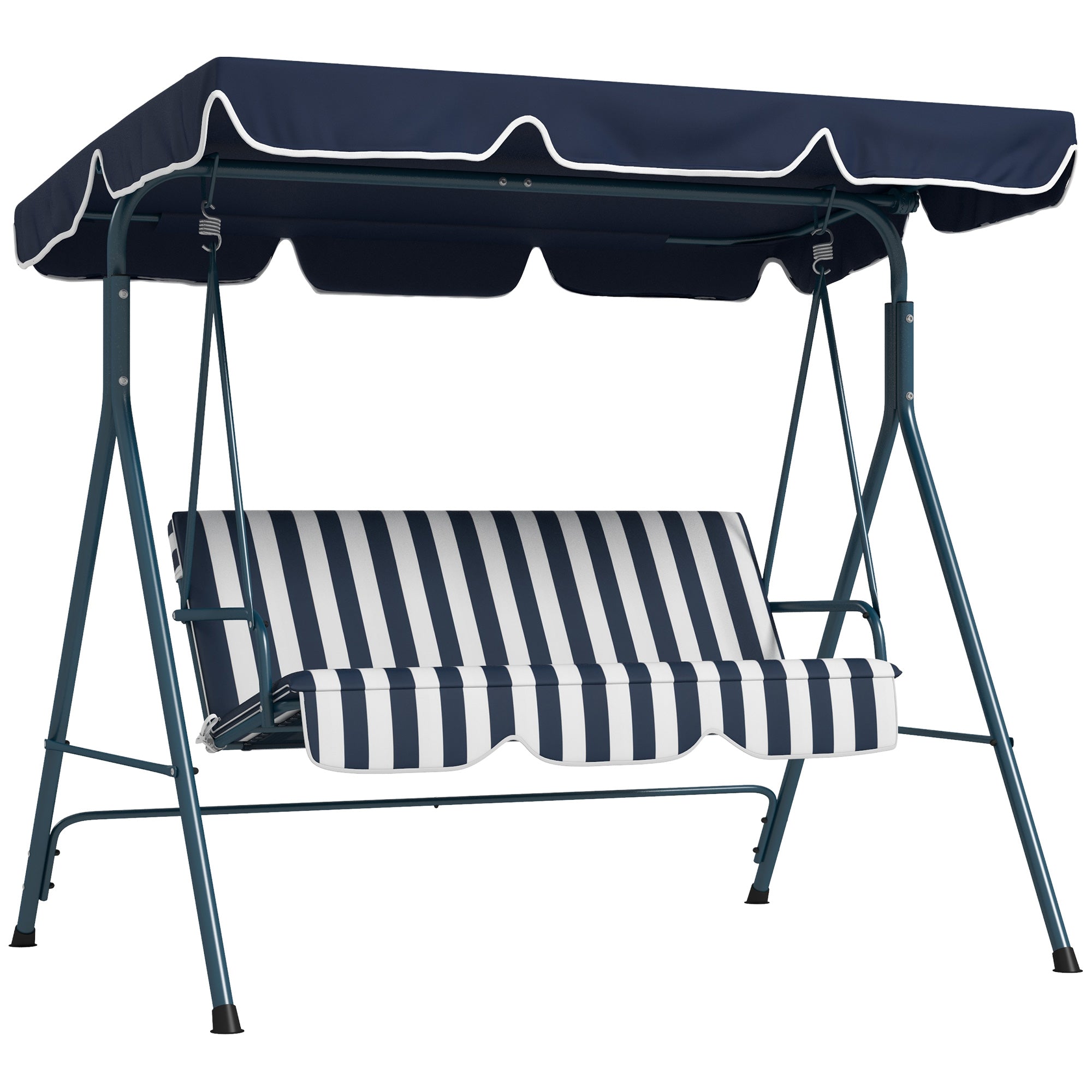 Outsunny 3-Seat Patio Swing Chair, Outdoor Porch Swing Glider with Adjustable Canopy, Removable Cushion, and Weather Resistant Steel Frame, for Garden, Poolside, Blue and White