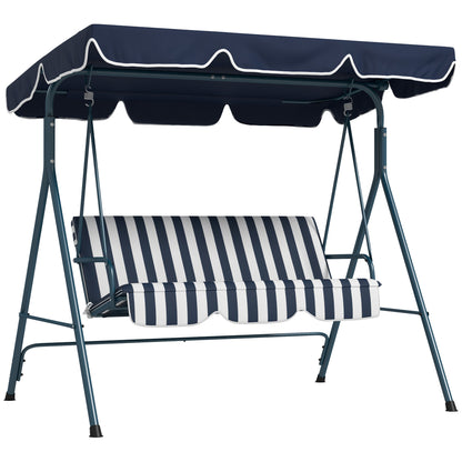Outsunny 3-Seat Patio Swing Chair, Outdoor Porch Swing Glider with Adjustable Canopy, Removable Cushion, and Weather Resistant Steel Frame, for Garden, Poolside, Blue and White