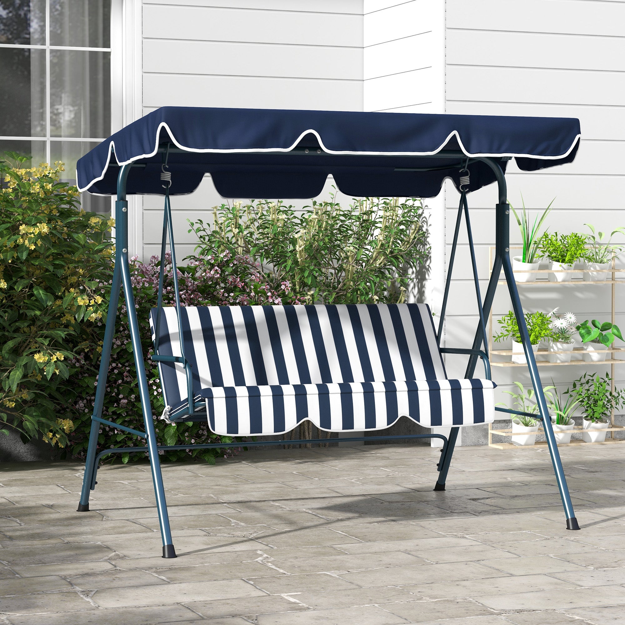 Outsunny 3-Seat Patio Swing Chair, Outdoor Porch Swing Glider with Adjustable Canopy, Removable Cushion, and Weather Resistant Steel Frame, for Garden, Poolside, Blue and White