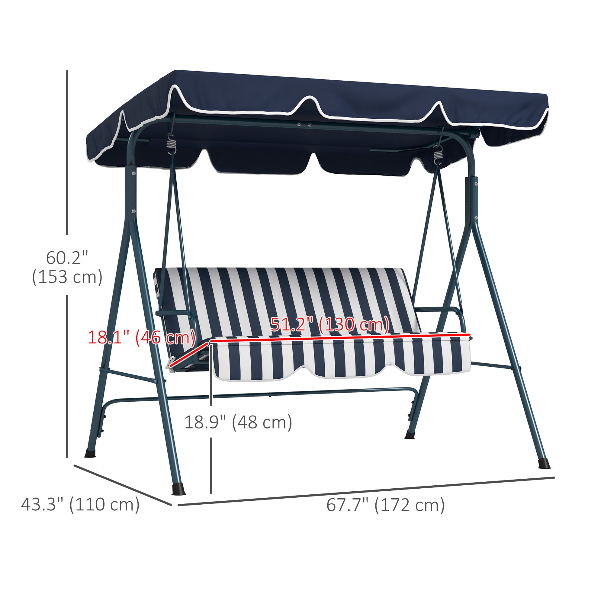 Outsunny 3-Seat Patio Swing Chair, Outdoor Porch Swing Glider with Adjustable Canopy, Removable Cushion, and Weather Resistant Steel Frame, for Garden, Poolside, Blue and White