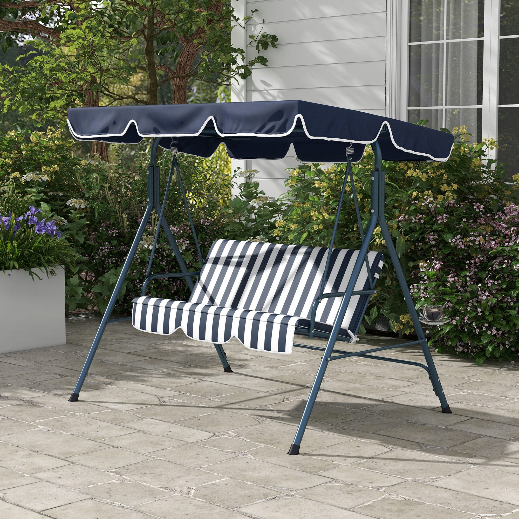 Outsunny 3-Seat Patio Swing Chair, Outdoor Porch Swing Glider with Adjustable Canopy, Removable Cushion, and Weather Resistant Steel Frame, for Garden, Poolside, Blue and White