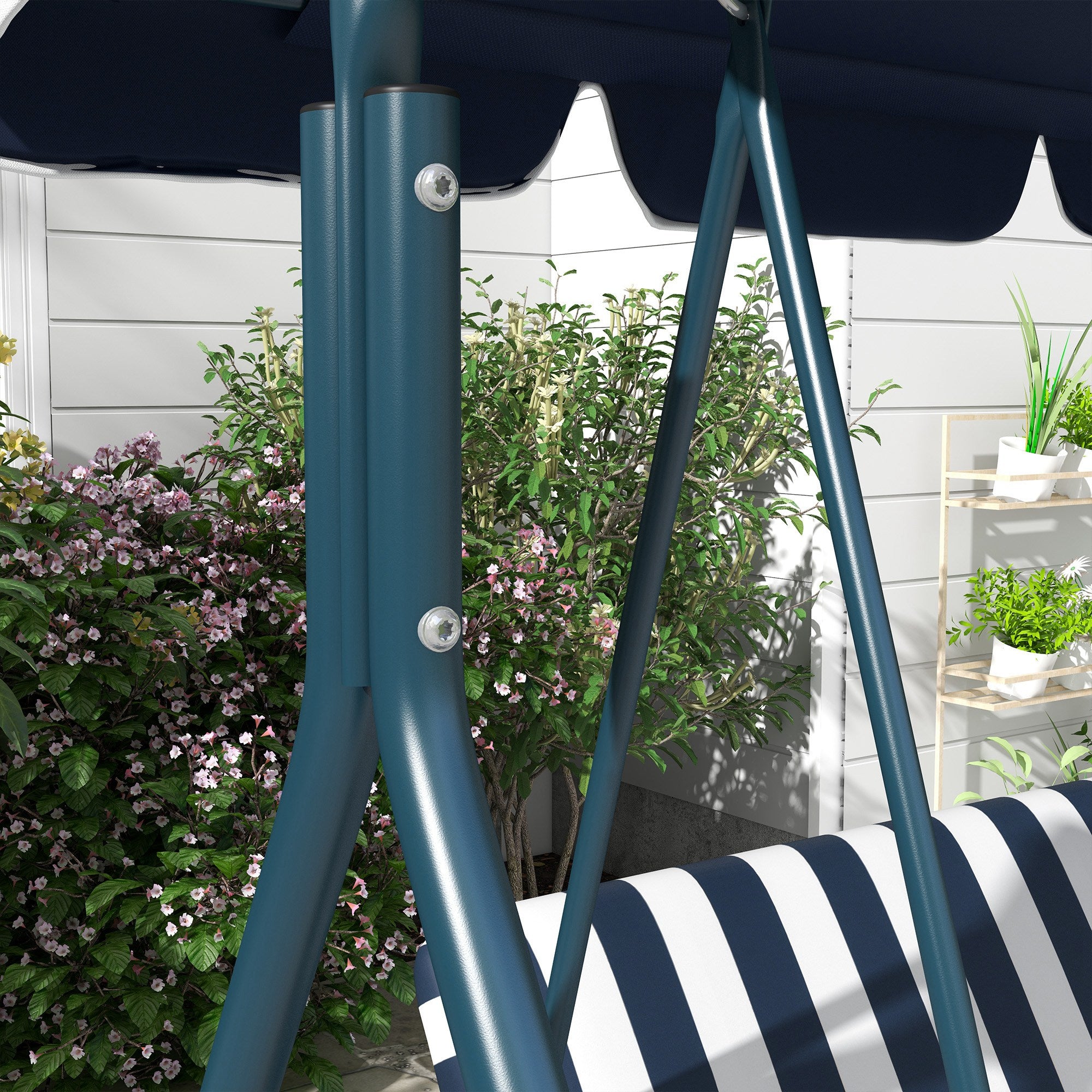 Outsunny 3-Seat Patio Swing Chair, Outdoor Porch Swing Glider with Adjustable Canopy, Removable Cushion, and Weather Resistant Steel Frame, for Garden, Poolside, Blue and White