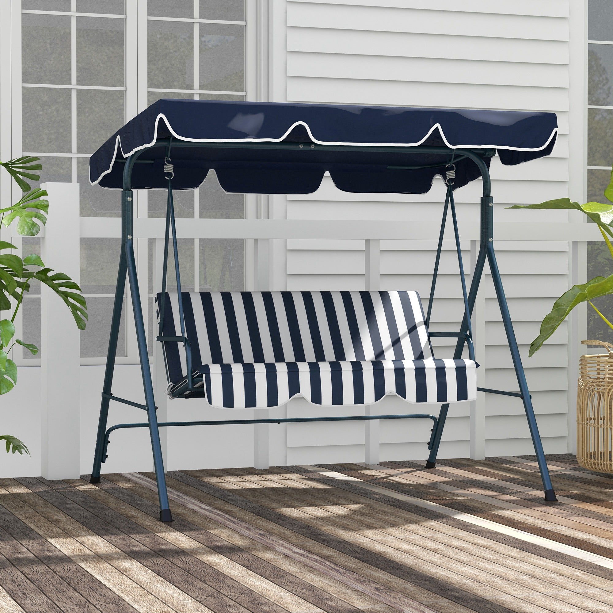 Outsunny 3-Seat Patio Swing Chair, Outdoor Porch Swing Glider with Adjustable Canopy, Removable Cushion, and Weather Resistant Steel Frame, for Garden, Poolside, Blue and White