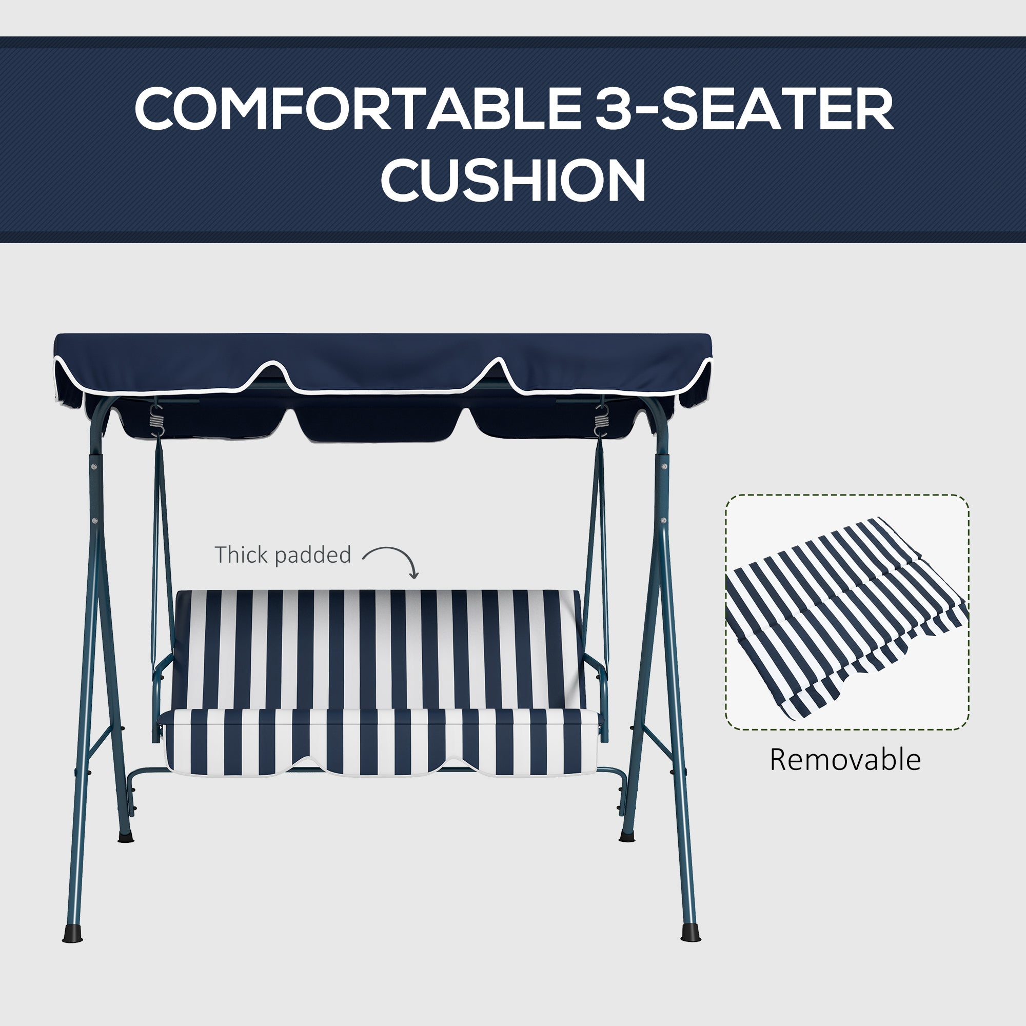 Outsunny 3-Seat Patio Swing Chair, Outdoor Porch Swing Glider with Adjustable Canopy, Removable Cushion, and Weather Resistant Steel Frame, for Garden, Poolside, Blue and White