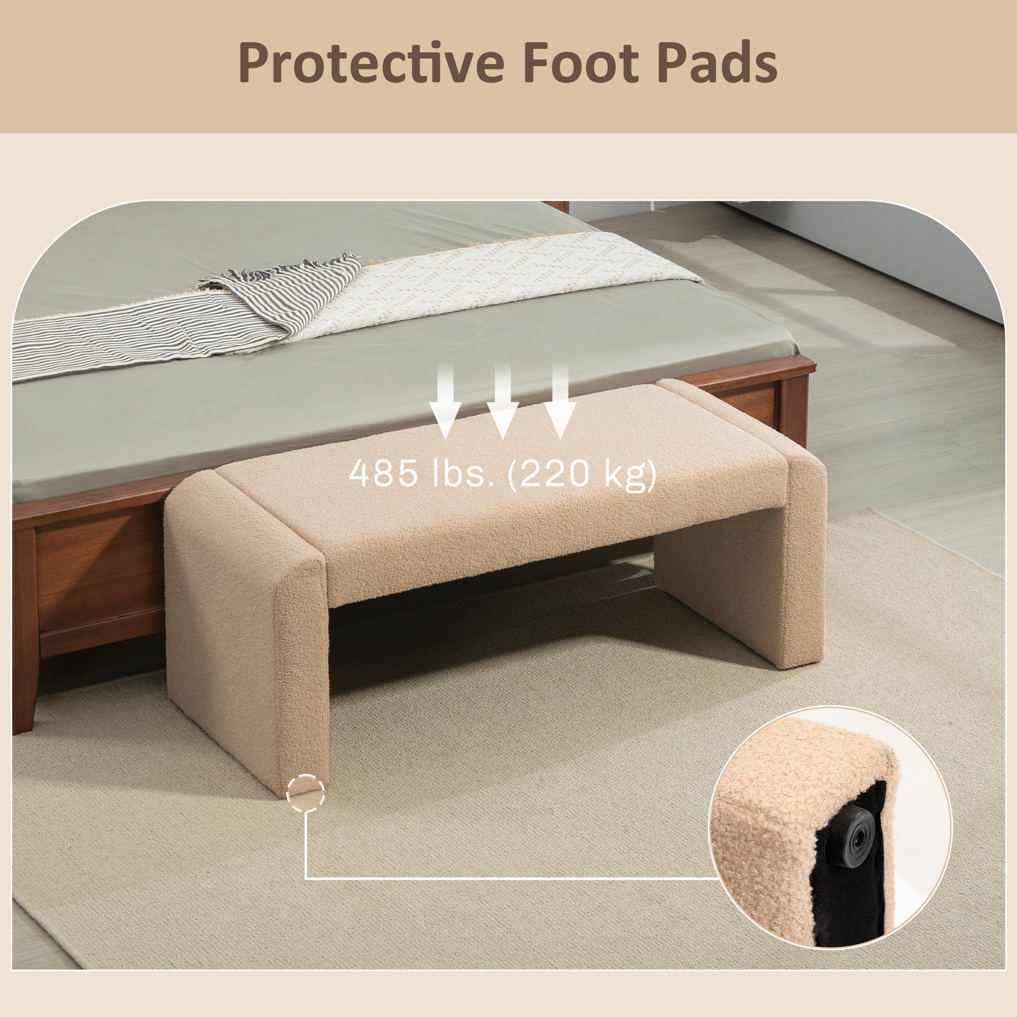 HOMCOM 47" Upholstered End of Bed Bench, Boucle Entryway Bench, Modern U-Shaped Ottoman Bench for Bedroom, Living Room, Hallway, Light Brown