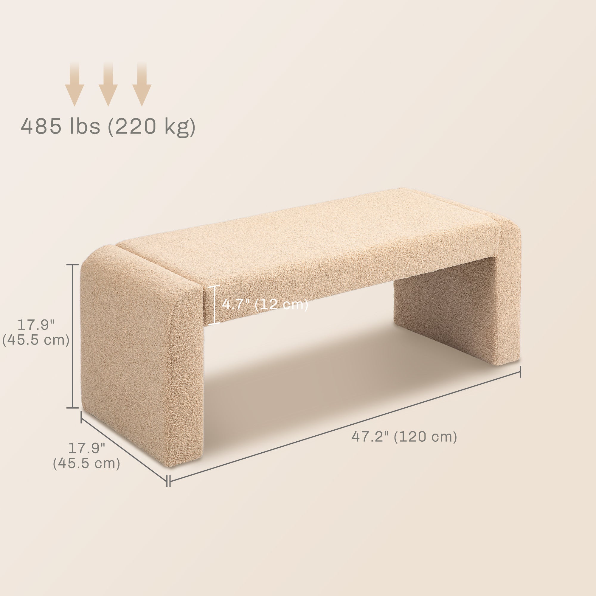 HOMCOM 47" Upholstered End of Bed Bench, Boucle Entryway Bench, Modern U-Shaped Ottoman Bench for Bedroom, Living Room, Hallway, Light Brown