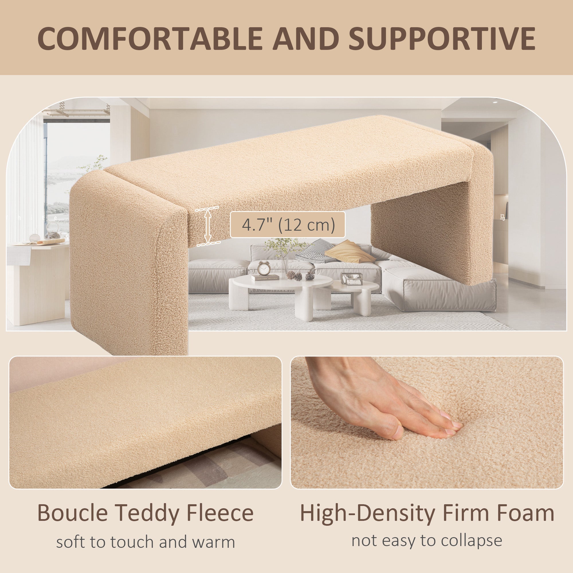 HOMCOM 47" Upholstered End of Bed Bench, Boucle Entryway Bench, Modern U-Shaped Ottoman Bench for Bedroom, Living Room, Hallway, Light Brown