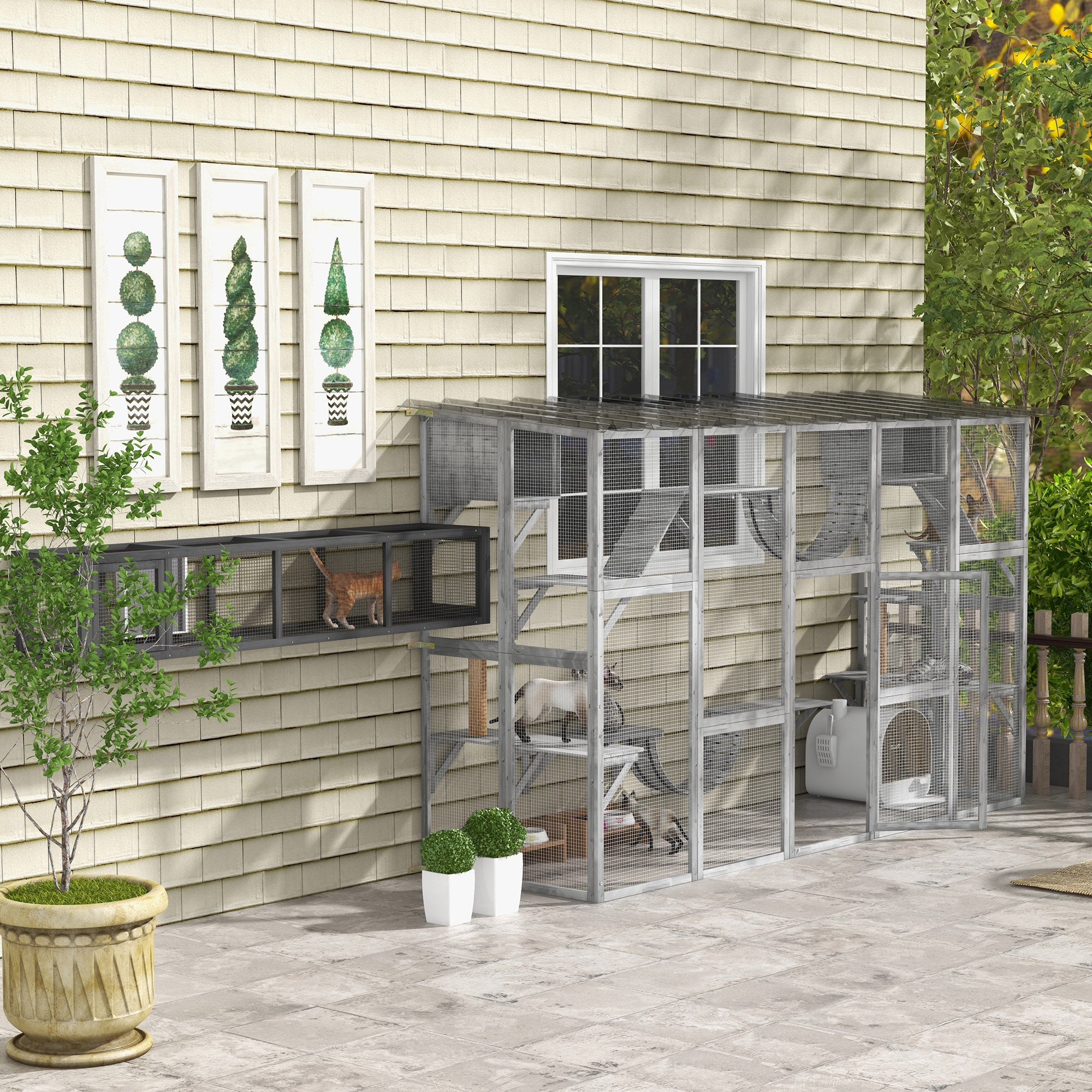PawHut Catio, Large Outdoor Cat Enclosure with Cat Condos, Platforms, Ladders, Doors, Weather-Resistant Roof, Wooden Cat Cage for 1-4 Cats, Grey
