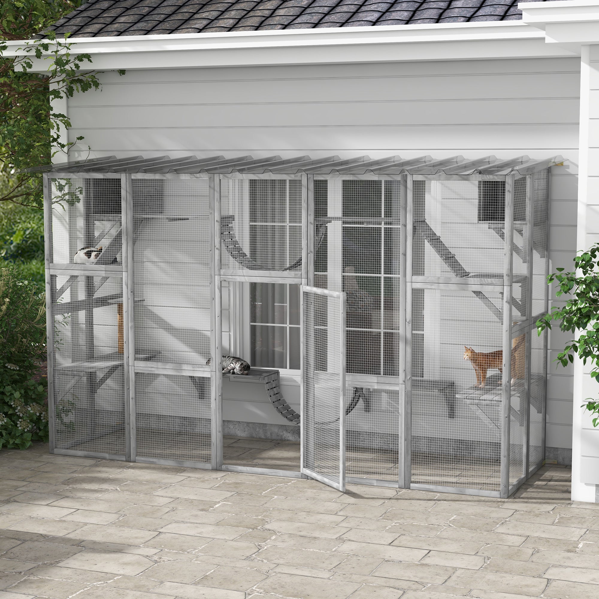 PawHut Catio Playground Cat Window Box Outside Enclosure, Outdoor Cat House with Weather Protection Roof for Multiple Kitties, Wooden Frame, Shelves & Bridges, 118" x 37.5" x 74", Gray