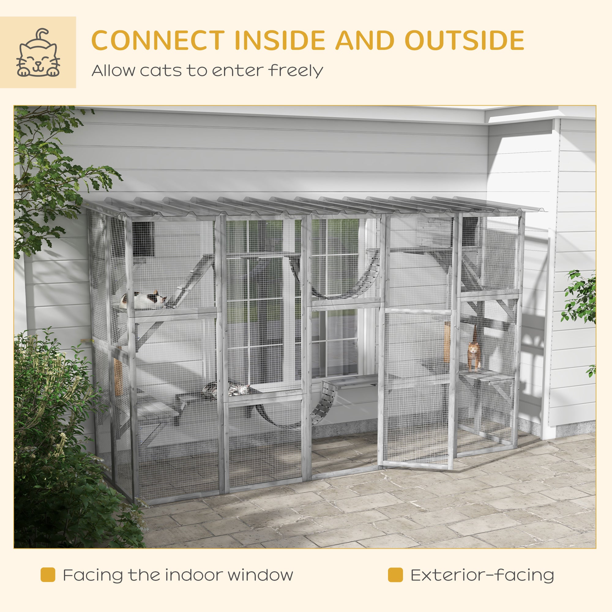 PawHut Catio Playground Cat Window Box Outside Enclosure, Outdoor Cat House with Weather Protection Roof for Multiple Kitties, Wooden Frame, Shelves & Bridges, 118" x 37.5" x 74", Gray
