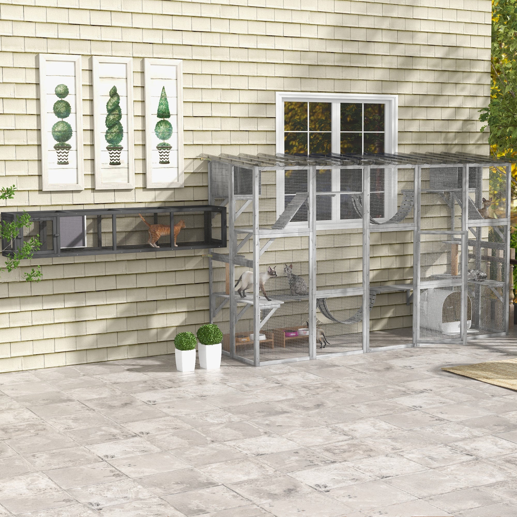 PawHut Catio Playground Cat Window Box Outside Enclosure, Outdoor Cat House with Weather Protection Roof for Multiple Kitties, Wooden Frame, Shelves & Bridges, 118" x 37.5" x 74", Gray