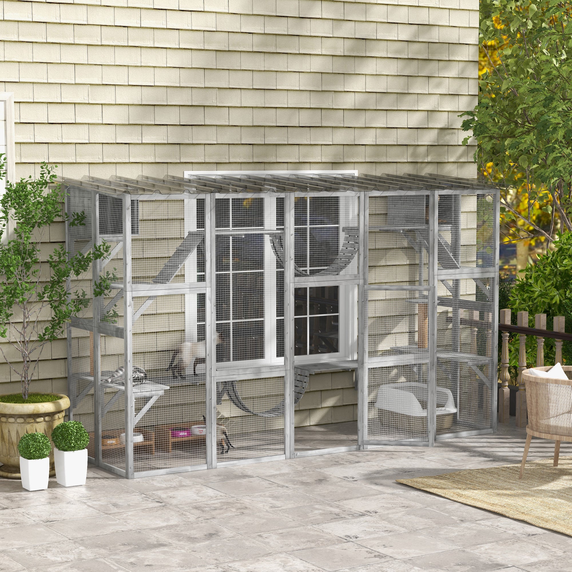 PawHut Catio Playground Cat Window Box Outside Enclosure, Outdoor Cat House with Weather Protection Roof for Multiple Kitties, Wooden Frame, Shelves & Bridges, 118" x 37.5" x 74", Gray