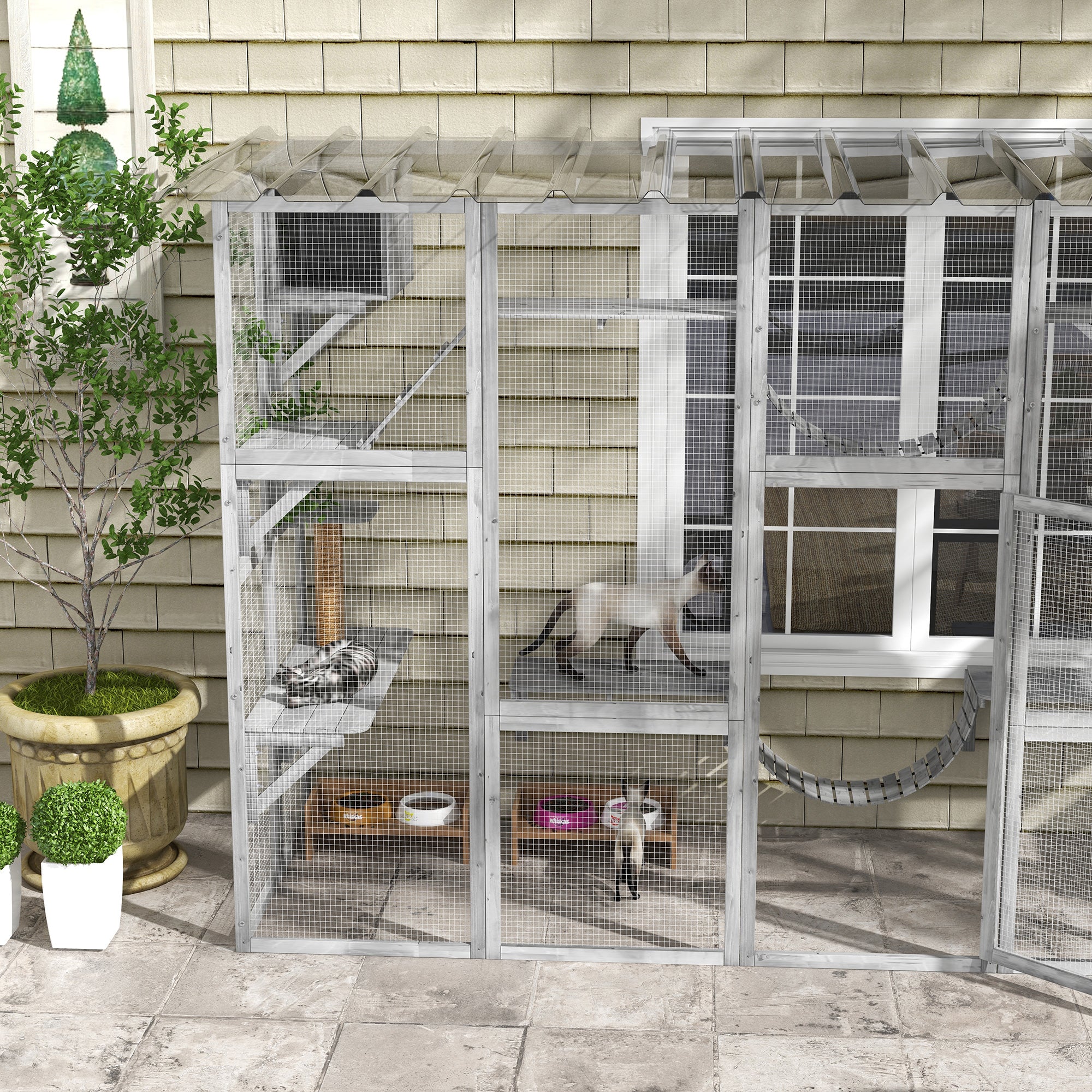 PawHut Catio Playground Cat Window Box Outside Enclosure, Outdoor Cat House with Weather Protection Roof for Multiple Kitties, Wooden Frame, Shelves & Bridges, 118" x 37.5" x 74", Gray