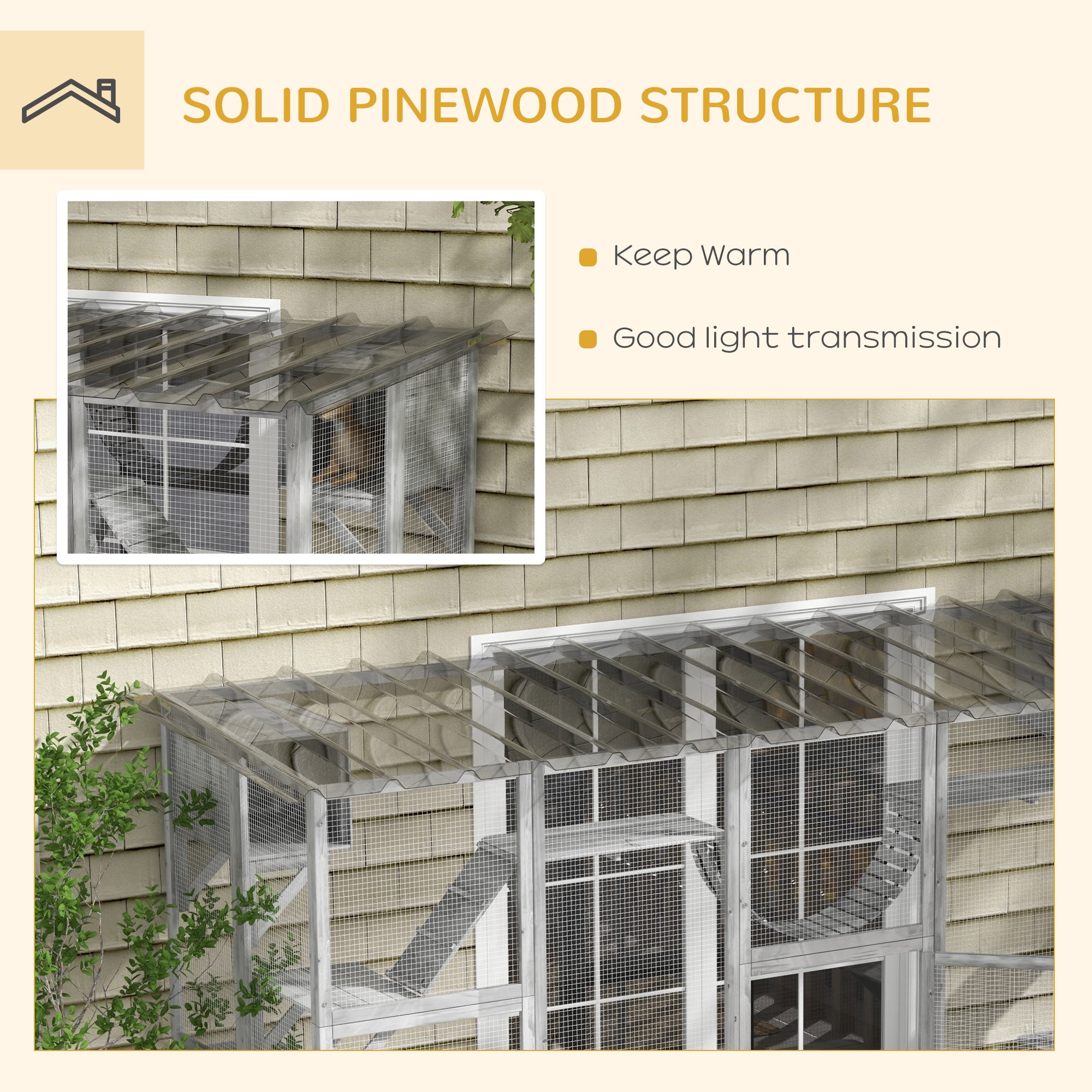 PawHut Catio Playground Cat Window Box Outside Enclosure, Outdoor Cat House with Weather Protection Roof for Multiple Kitties, Wooden Frame, Shelves & Bridges, 118" x 37.5" x 74", Gray