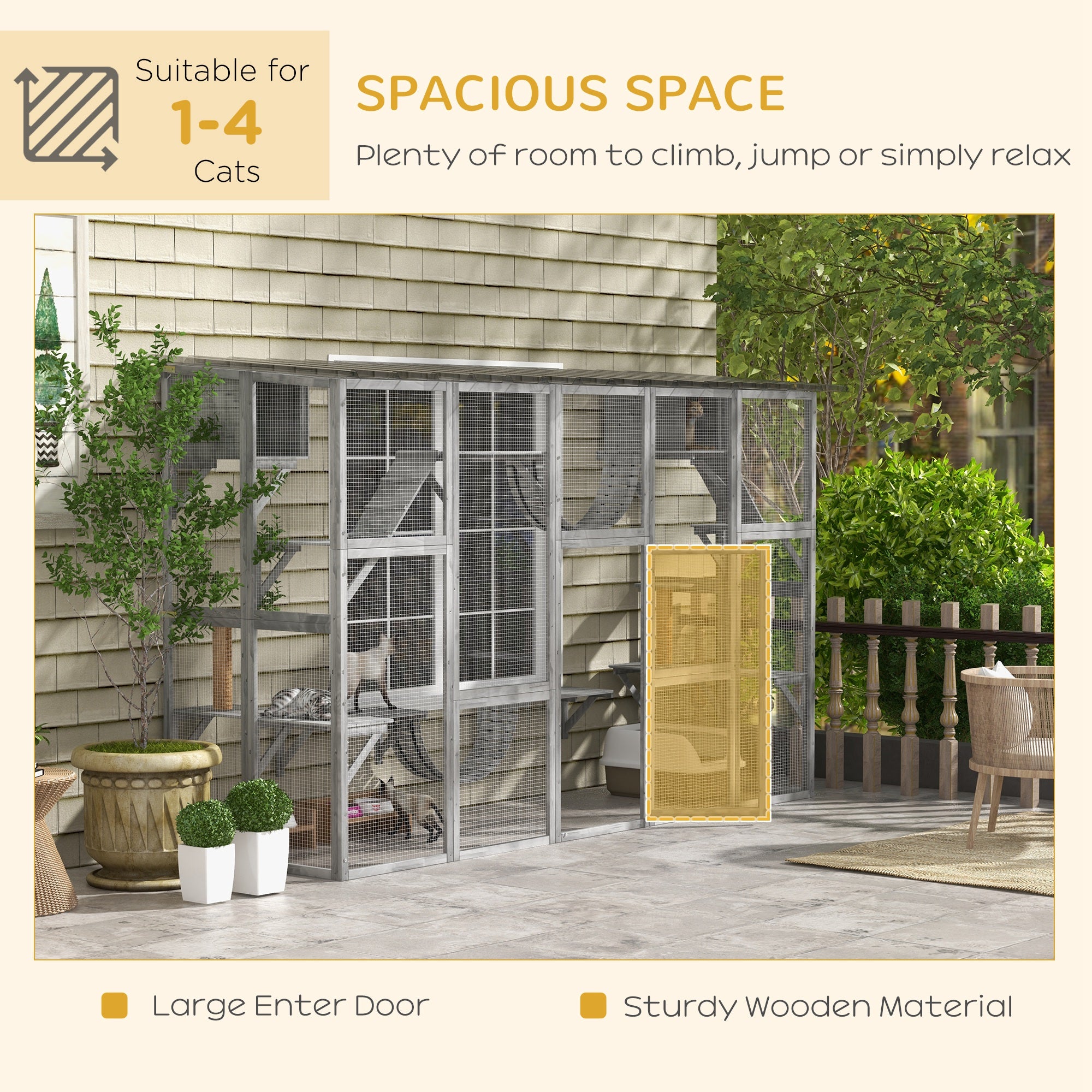 PawHut Catio Playground Cat Window Box Outside Enclosure, Outdoor Cat House with Weather Protection Roof for Multiple Kitties, Wooden Frame, Shelves & Bridges, 118" x 37.5" x 74", Gray