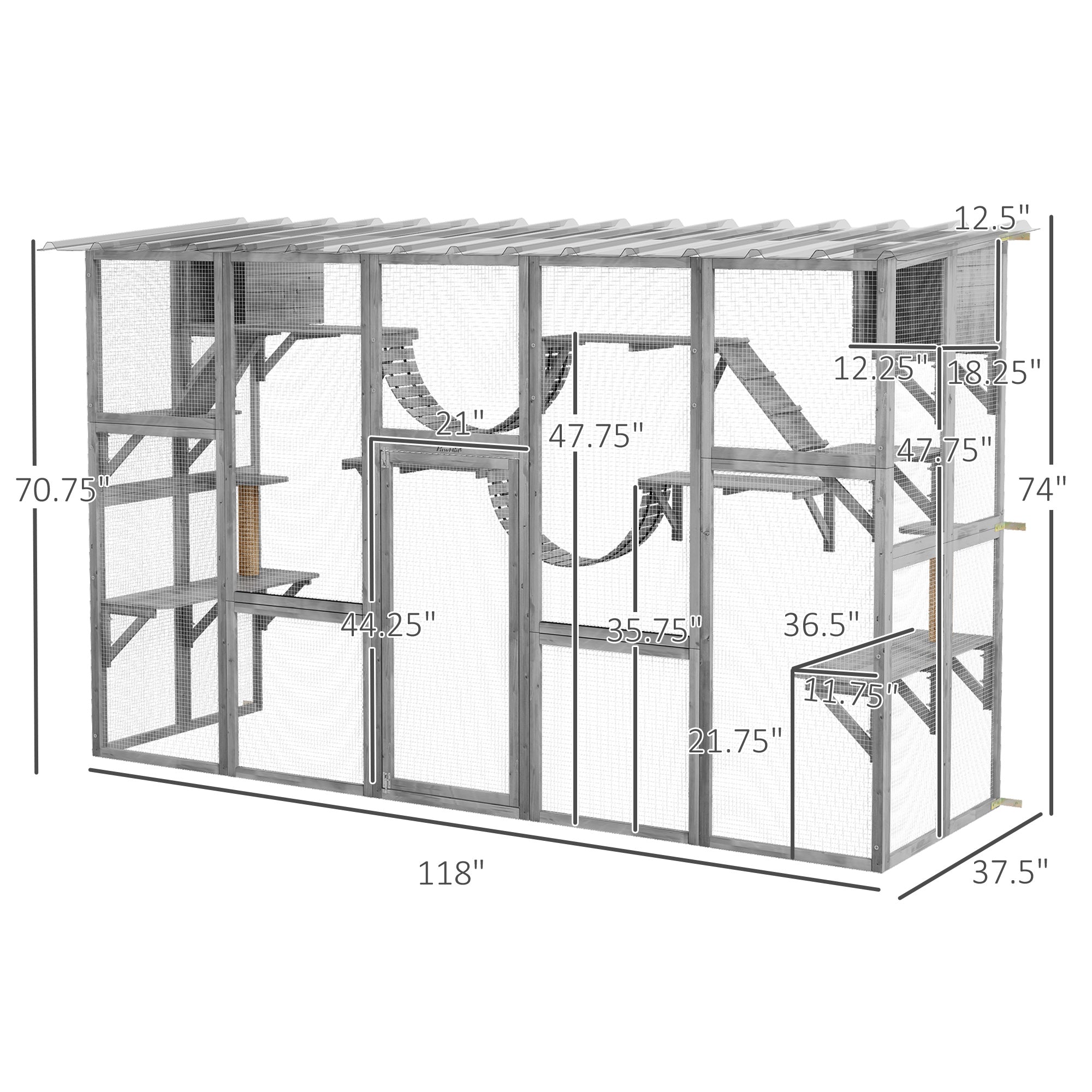 PawHut Catio Playground Cat Window Box Outside Enclosure, Outdoor Cat House with Weather Protection Roof for Multiple Kitties, Wooden Frame, Shelves & Bridges, 118" x 37.5" x 74", Gray