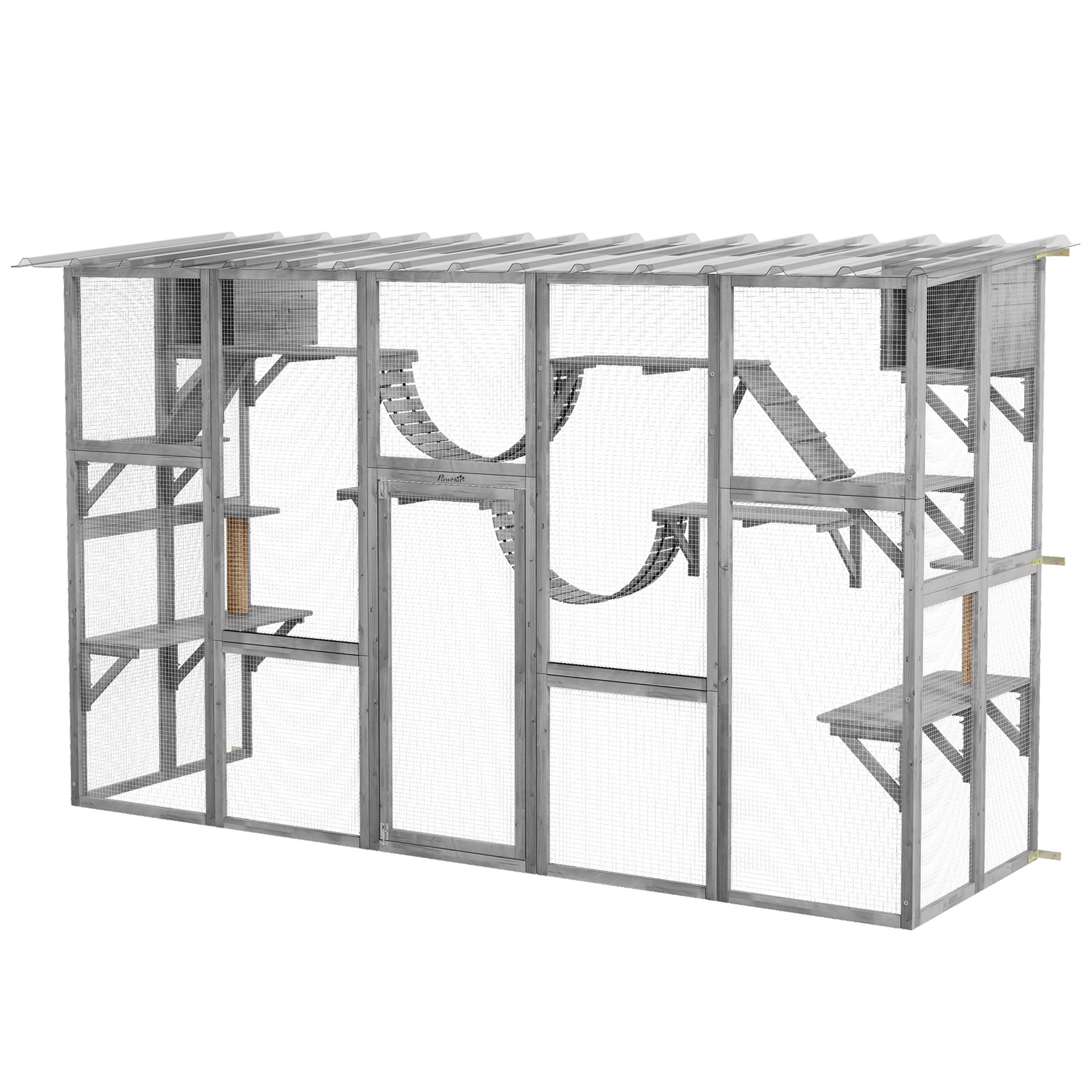 PawHut Catio, Large Outdoor Cat Enclosure with Cat Condos, Platforms, Ladders, Doors, Weather-Resistant Roof, Wooden Cat Cage for 1-4 Cats, Grey
