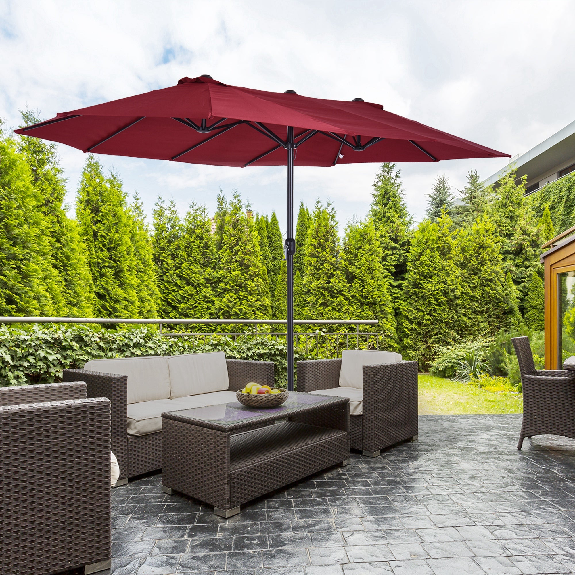 Outsunny 15ft Double-sided Patio Umbrella with Twin Canopy, Extra Large Outdoor Parasol with Crank for Pool, Deck, Market, Wine Red