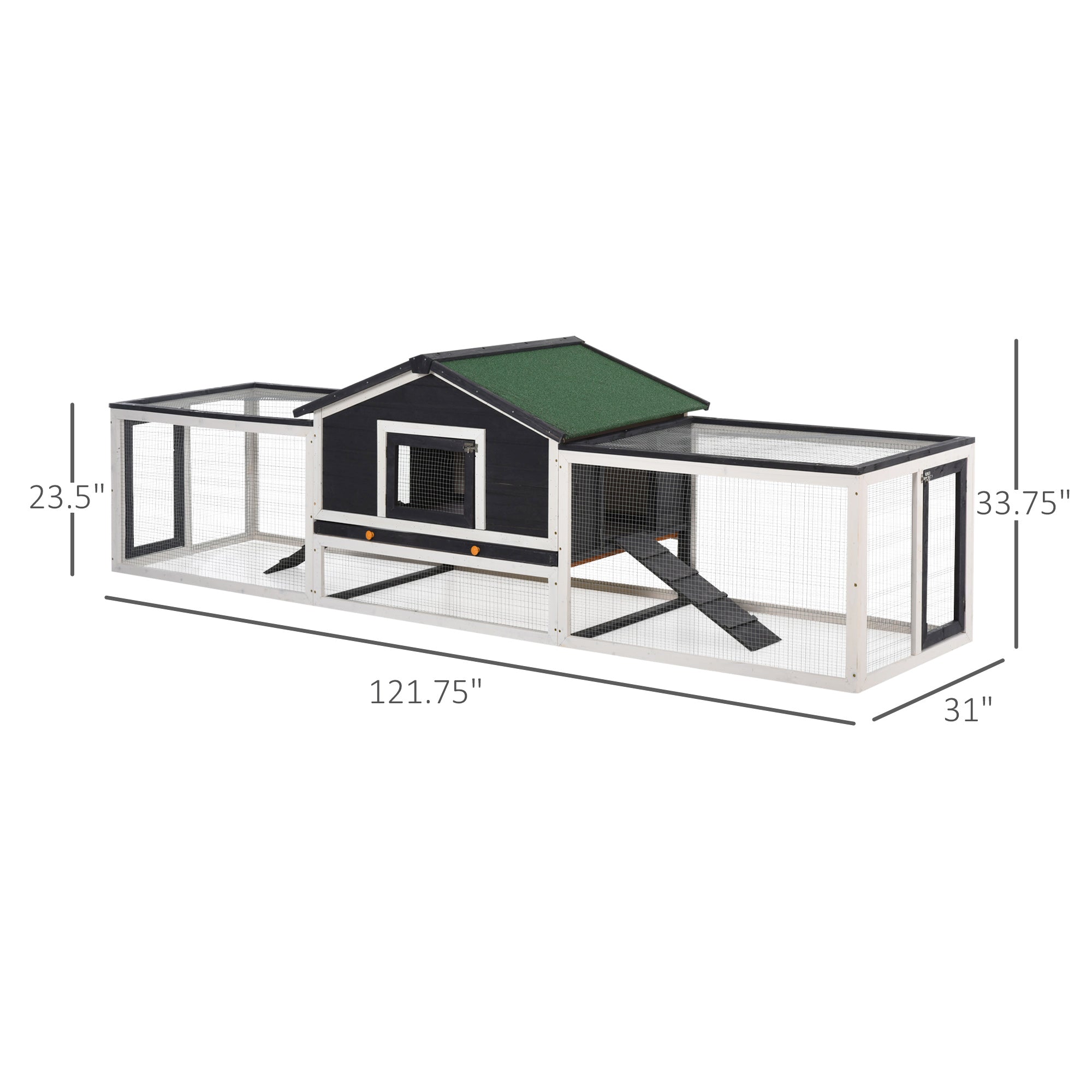 PawHut 122" Large Wooden Rabbit Hutch Bunny Hutch 2-Story Pet House Cage with Ramps, Lockable Doors, Run Area and Asphalt Roof for Outdoor Use, Grey