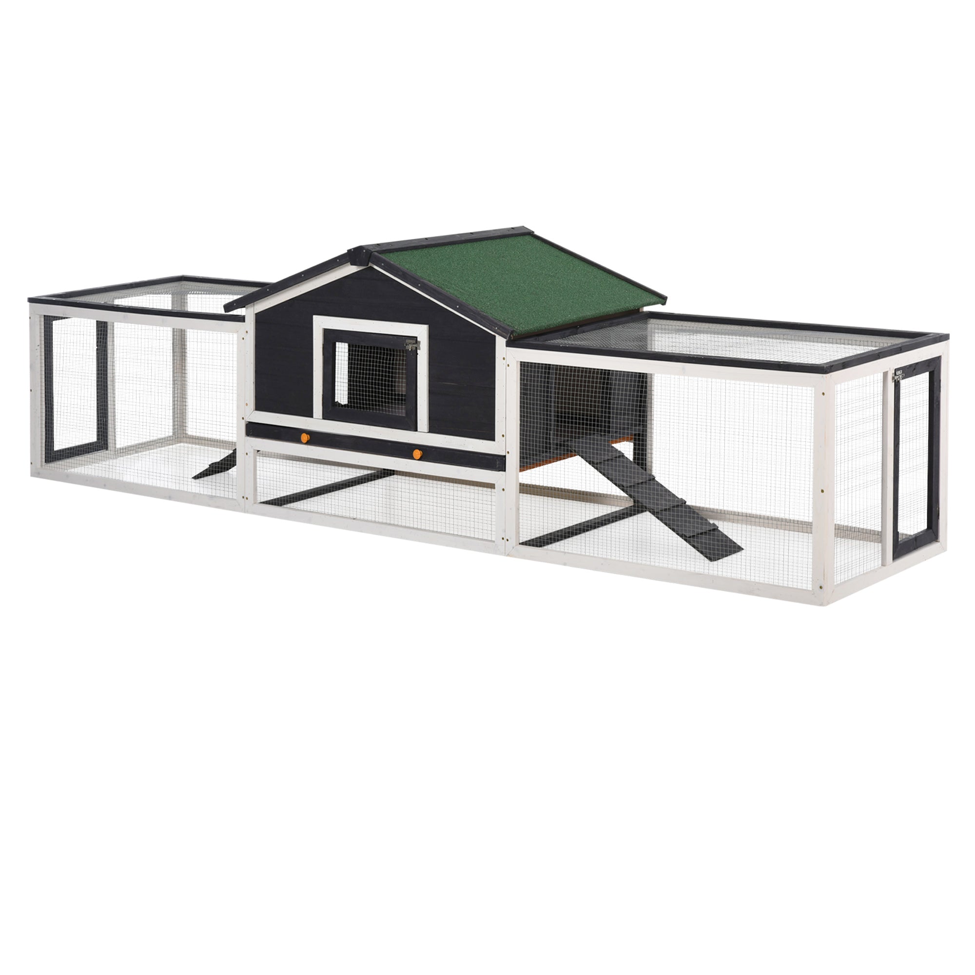 PawHut 122" Large Wooden Rabbit Hutch Bunny Hutch 2-Story Pet House Cage with Ramps, Lockable Doors, Run Area and Asphalt Roof for Outdoor Use, Grey