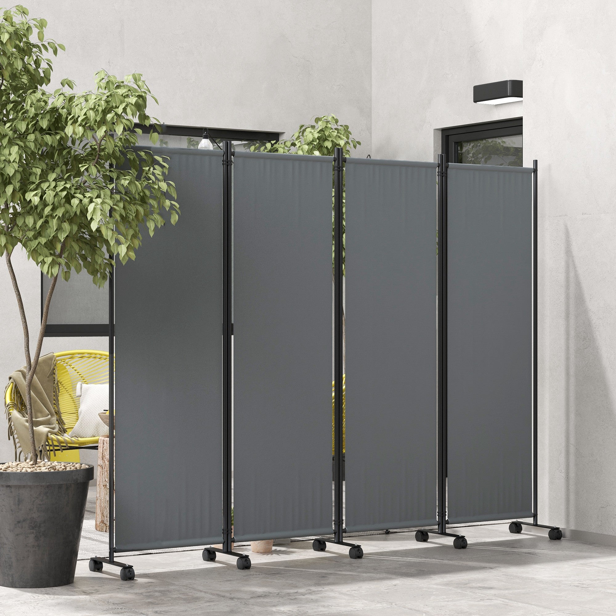 Outsunny 4 Panel Folding Room Divider with Lockable Wheels, 5.6ft Rolling Privacy Screen, Portable Freestanding Privacy Panel for Garden Backyard Deck Pool Hot Tub, Dark Grey