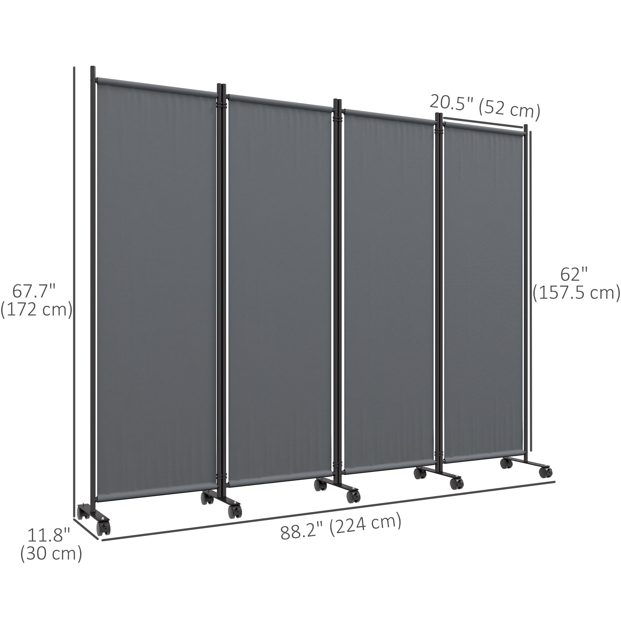Outsunny 4 Panel Folding Room Divider with Lockable Wheels, 5.6ft Rolling Privacy Screen, Portable Freestanding Privacy Panel for Garden Backyard Deck Pool Hot Tub, Dark Grey