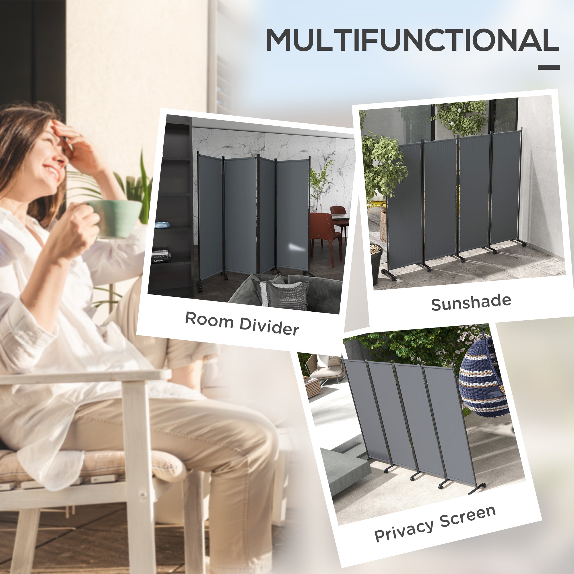 Outsunny 4 Panel Folding Room Divider with Lockable Wheels, 5.6ft Rolling Privacy Screen, Portable Freestanding Privacy Panel for Garden Backyard Deck Pool Hot Tub, Dark Grey