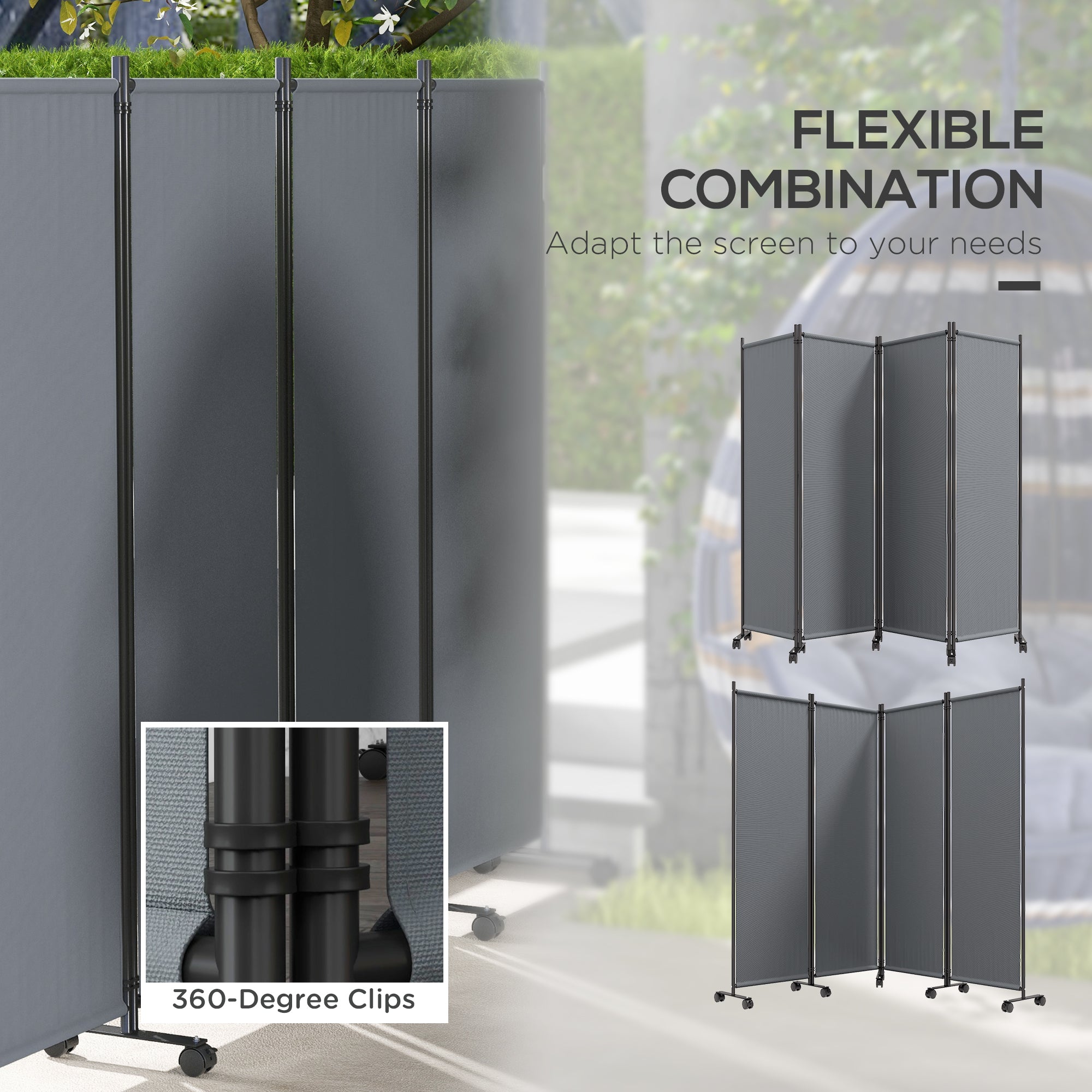 Outsunny 4 Panel Folding Room Divider with Lockable Wheels, 5.6ft Rolling Privacy Screen, Portable Freestanding Privacy Panel for Garden Backyard Deck Pool Hot Tub, Dark Grey