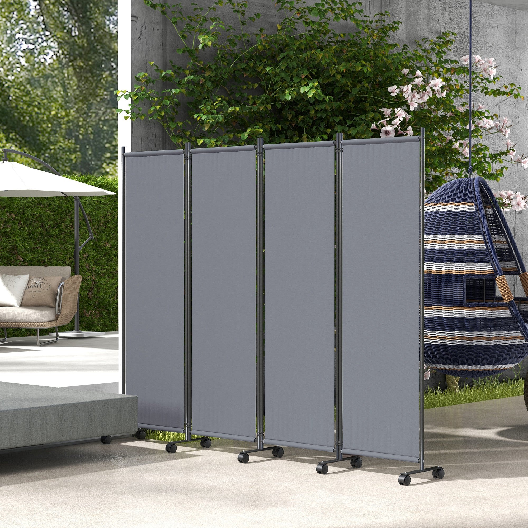 Outsunny 4 Panel Folding Room Divider with Lockable Wheels, 5.6ft Rolling Privacy Screen, Portable Freestanding Privacy Panel for Garden Backyard Deck Pool Hot Tub, Dark Grey
