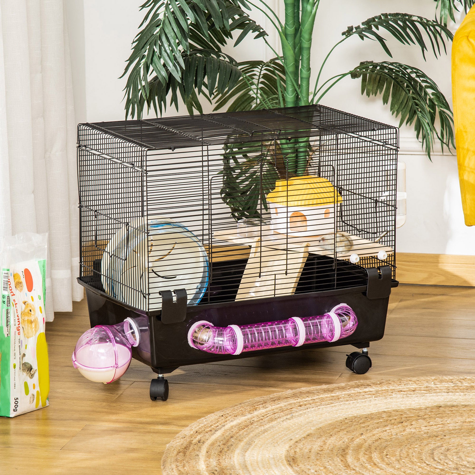 PawHut Hamster Cage, Gerbil Haven, Multi-storey Rodent House, Small Animal Habitats, Large Hide-out, w/ Water Bottle, Tubes, Exercise Wheel, Food Dish, Ramp, Shower Room, Black