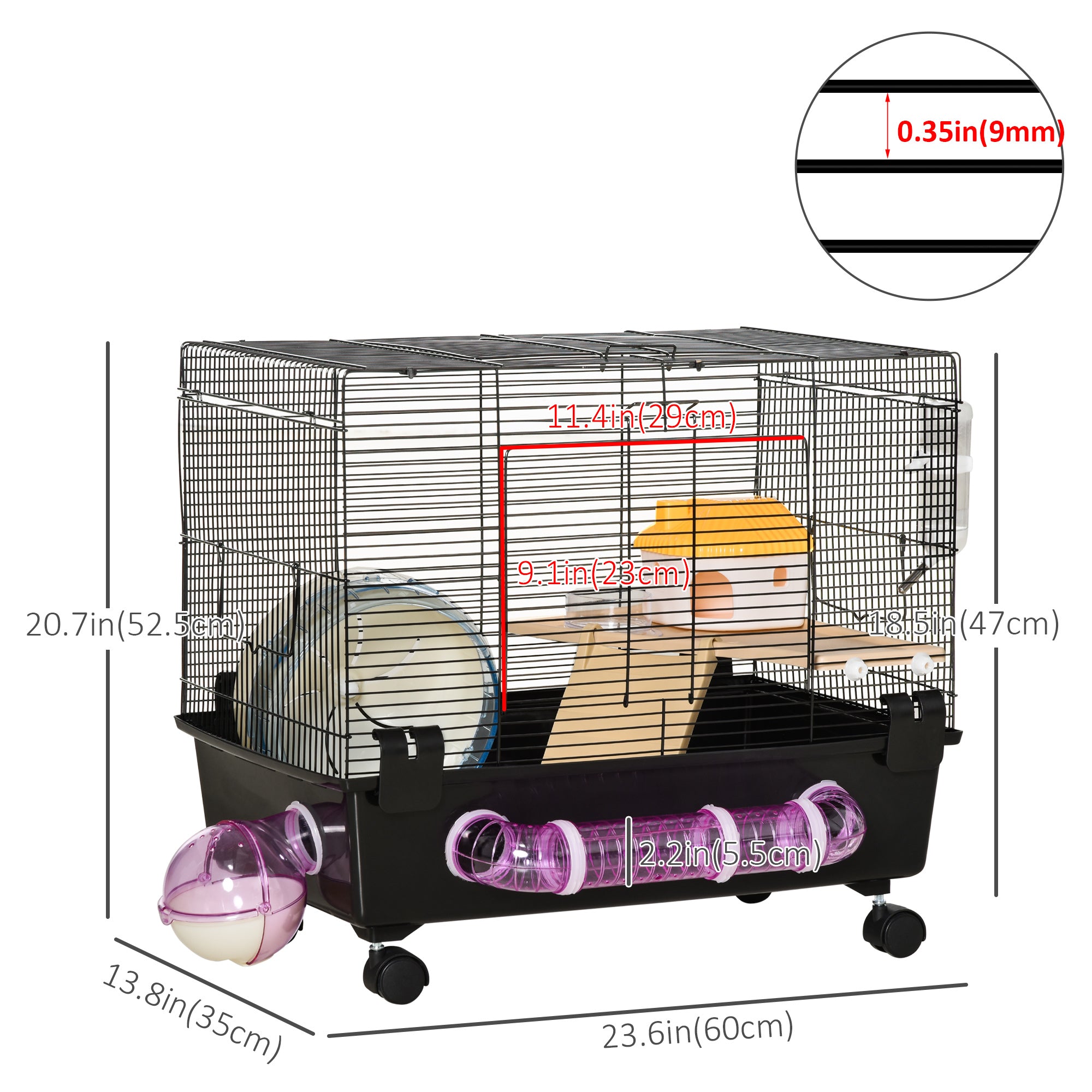 PawHut Hamster Cage, Gerbil Haven, Multi-storey Rodent House, Small Animal Habitats, Large Hide-out, w/ Water Bottle, Tubes, Exercise Wheel, Food Dish, Ramp, Shower Room, Black