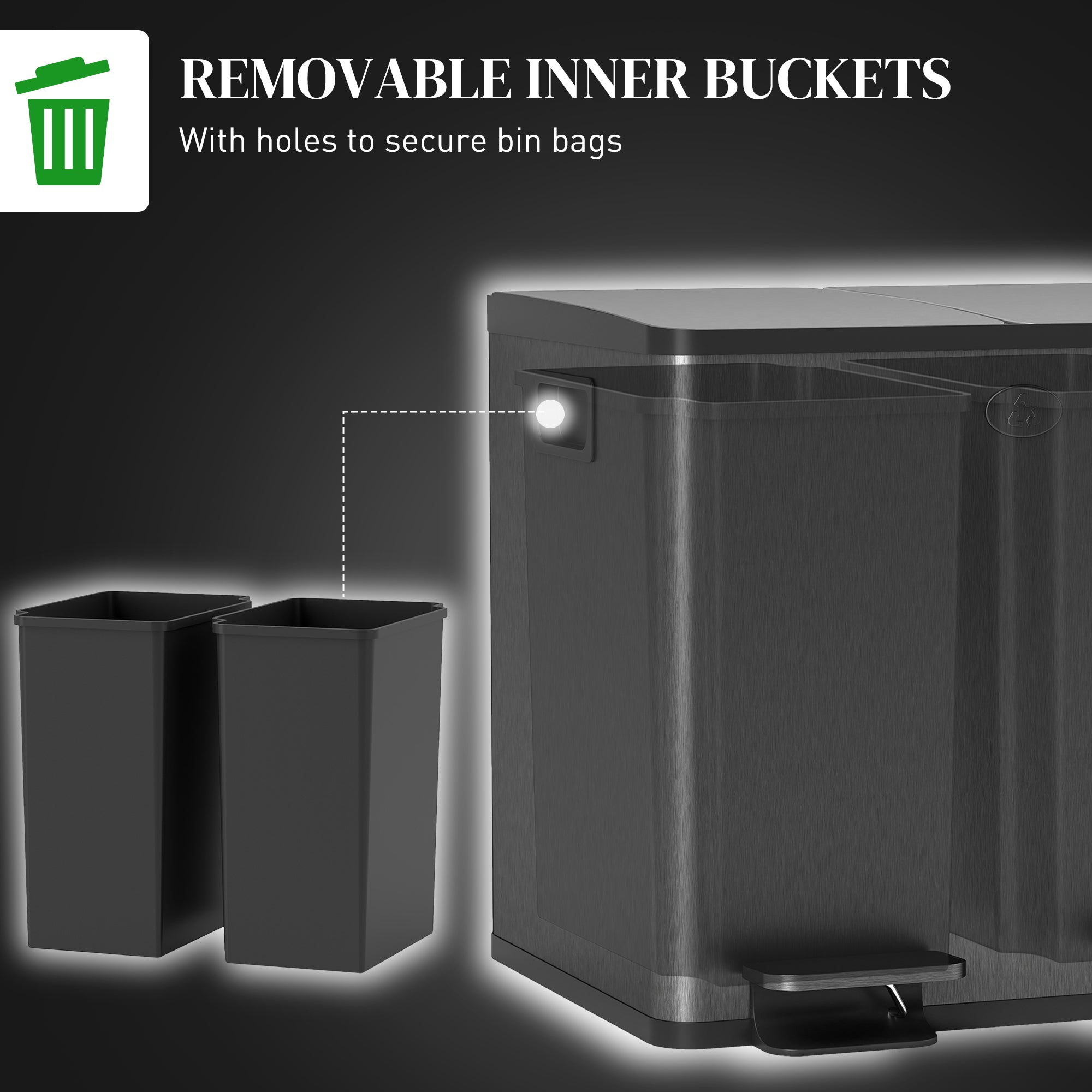 HOMCOM Dual Kitchen Garbage Bin, 2 x 4 Gallon (2 x 15 L) Trash Can with Foot Pedal, Soft-Close Garbage Can with Removable Inner Buckets, Fingerprint-Proof for Kitchen, Black