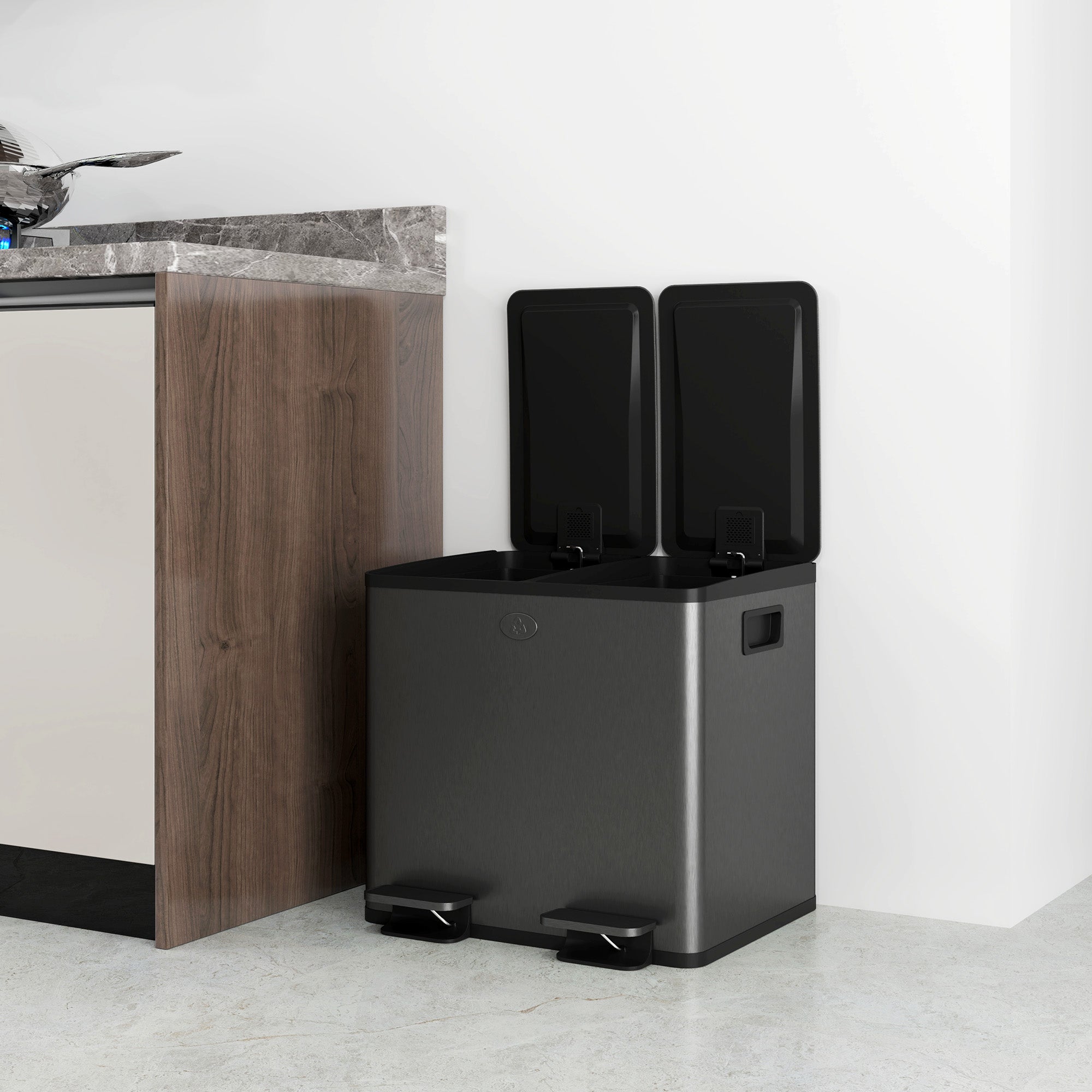 HOMCOM Dual Kitchen Garbage Bin, 2 x 4 Gallon (2 x 15 L) Trash Can with Foot Pedal, Soft-Close Garbage Can with Removable Inner Buckets, Fingerprint-Proof for Kitchen, Black