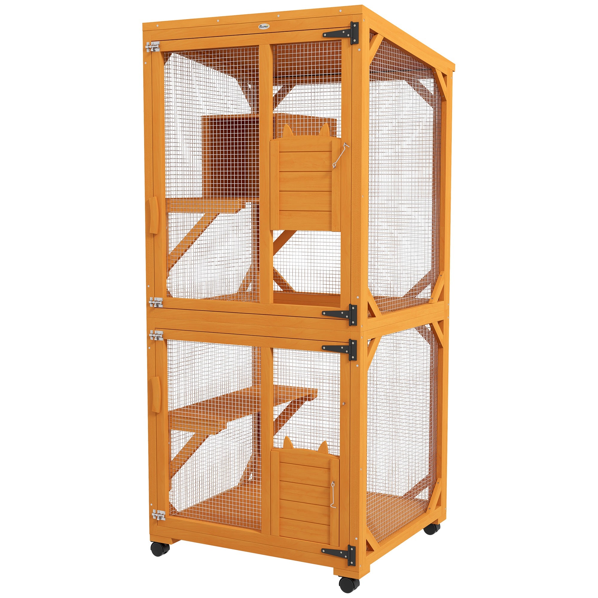 PawHut Outdoor Cat House, Large Catio Wooden Kitten Enclosure Elevated Design, with Wheels, Resting Box, Water-Resistant, Multi Platforms, for 1-3 Cats, Orange