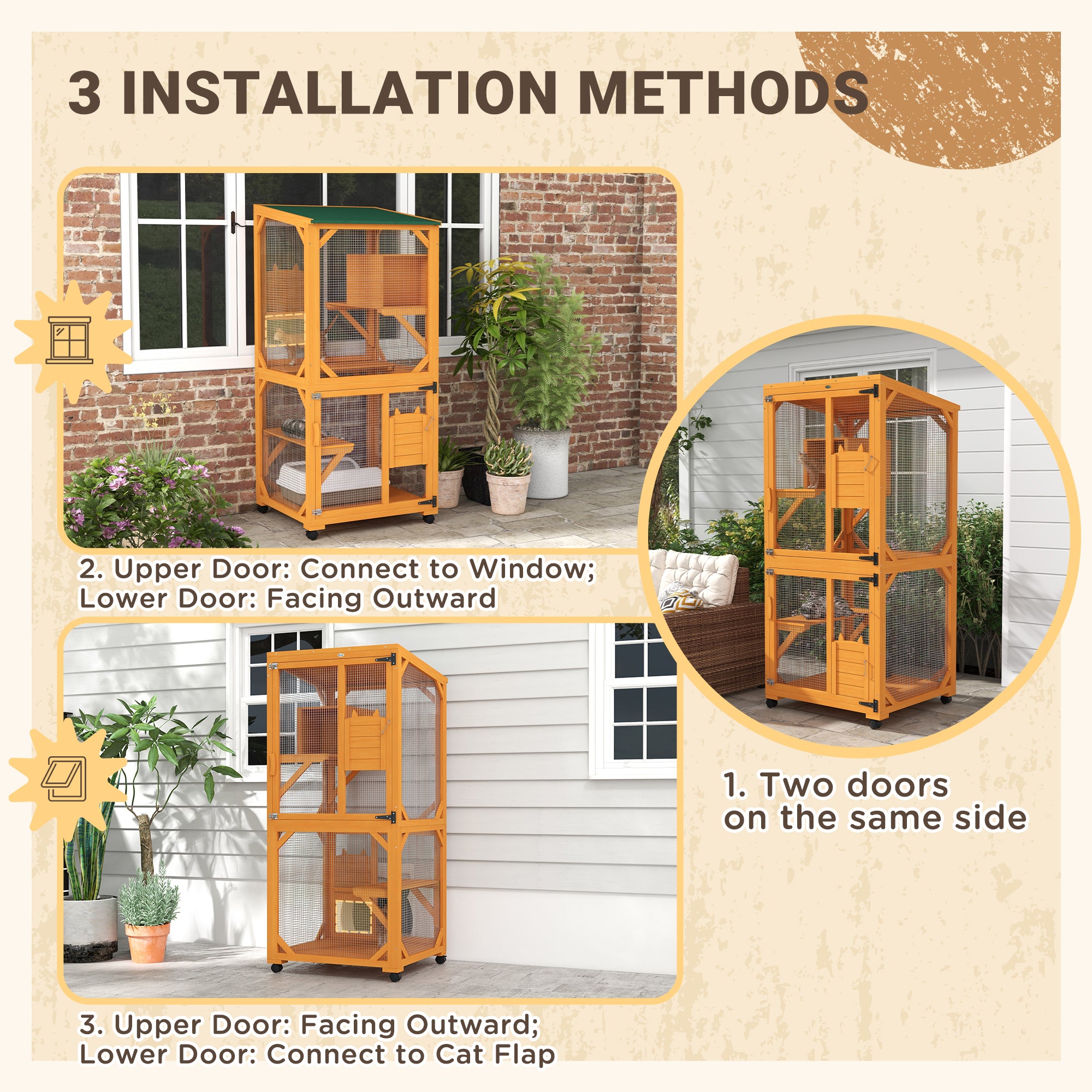 PawHut Outdoor Cat House, Large Catio Wooden Kitten Enclosure Elevated Design, with Wheels, Resting Box, Water-Resistant, Multi Platforms, for 1-3 Cats, Orange