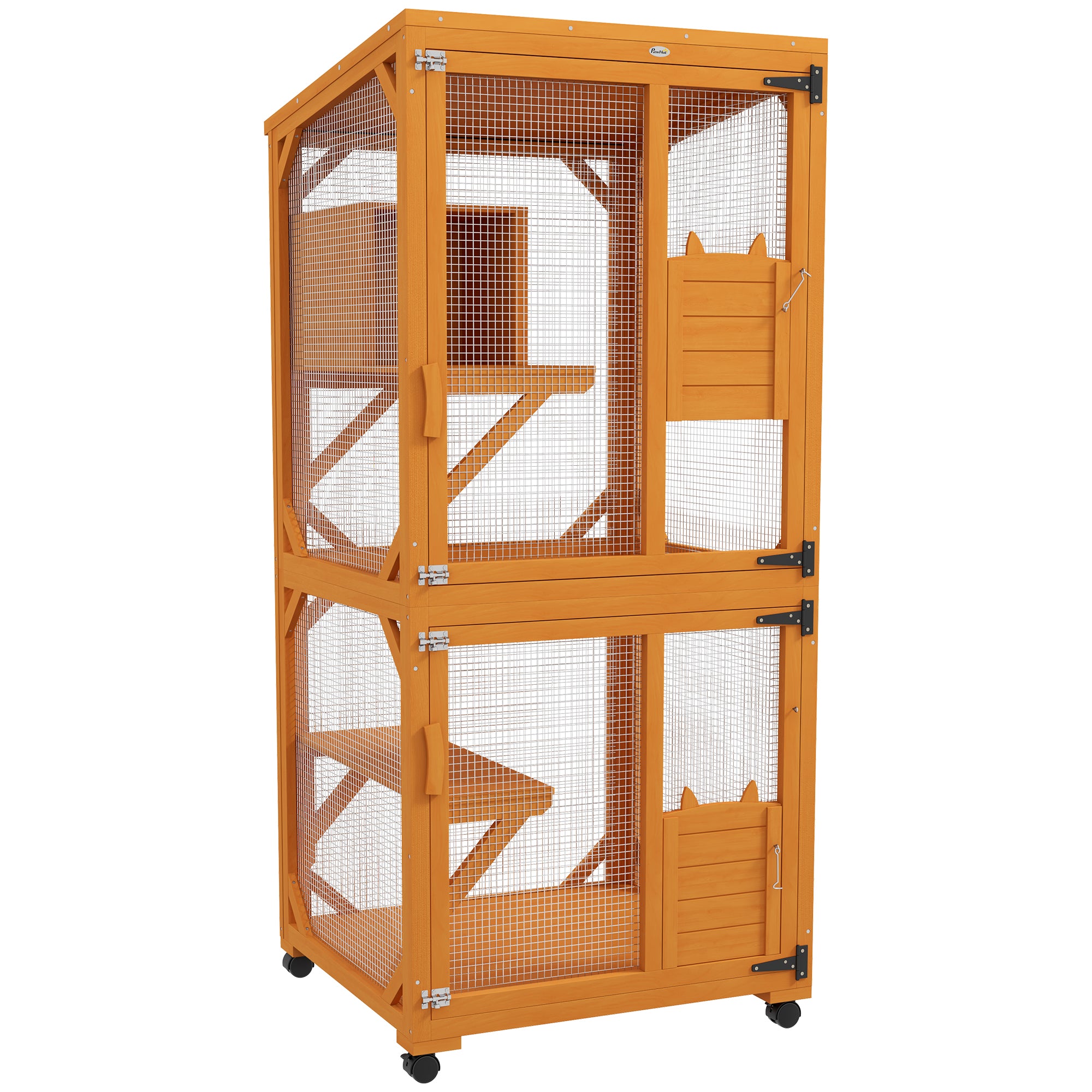 PawHut Outdoor Cat House, Large Catio Wooden Kitten Enclosure Elevated Design, with Wheels, Resting Box, Water-Resistant, Multi Platforms, for 1-3 Cats, Orange