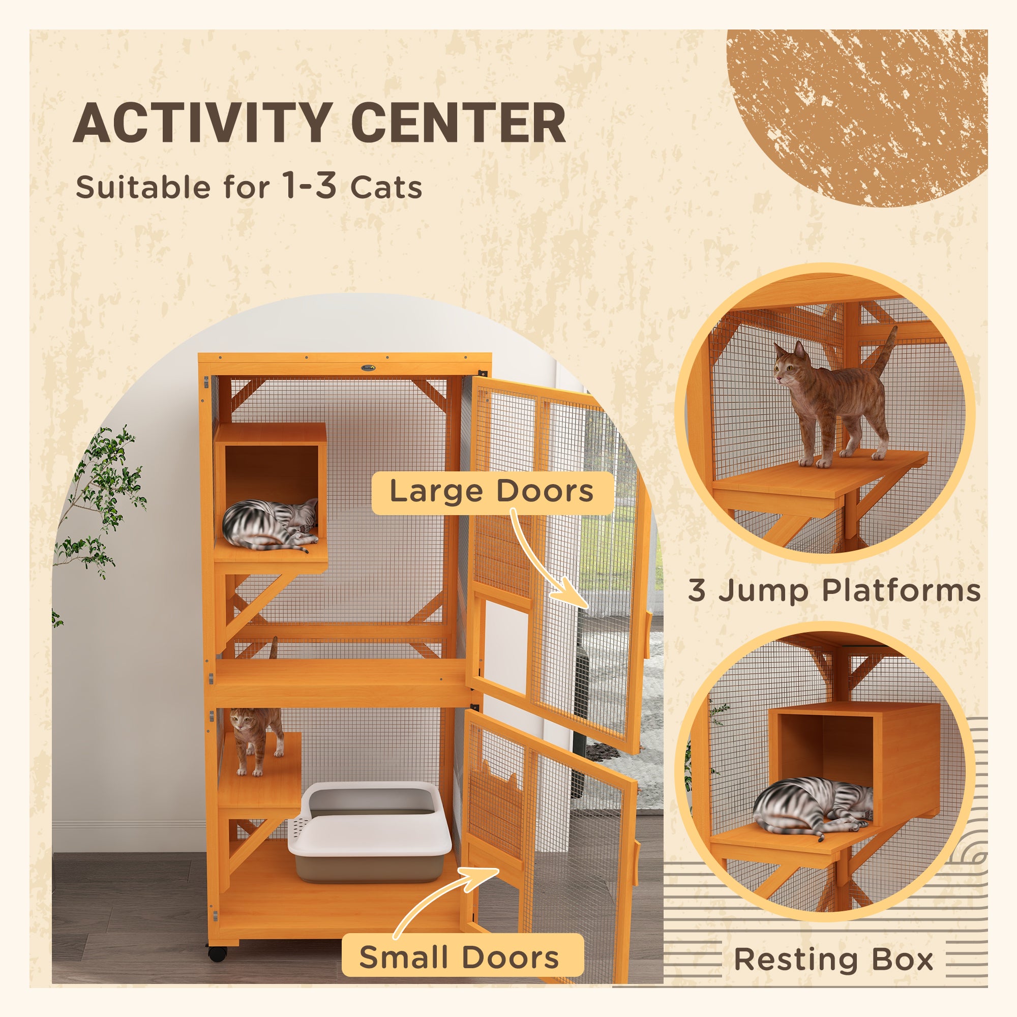 PawHut Outdoor Cat House, Large Catio Wooden Kitten Enclosure Elevated Design, with Wheels, Resting Box, Water-Resistant, Multi Platforms, for 1-3 Cats, Orange