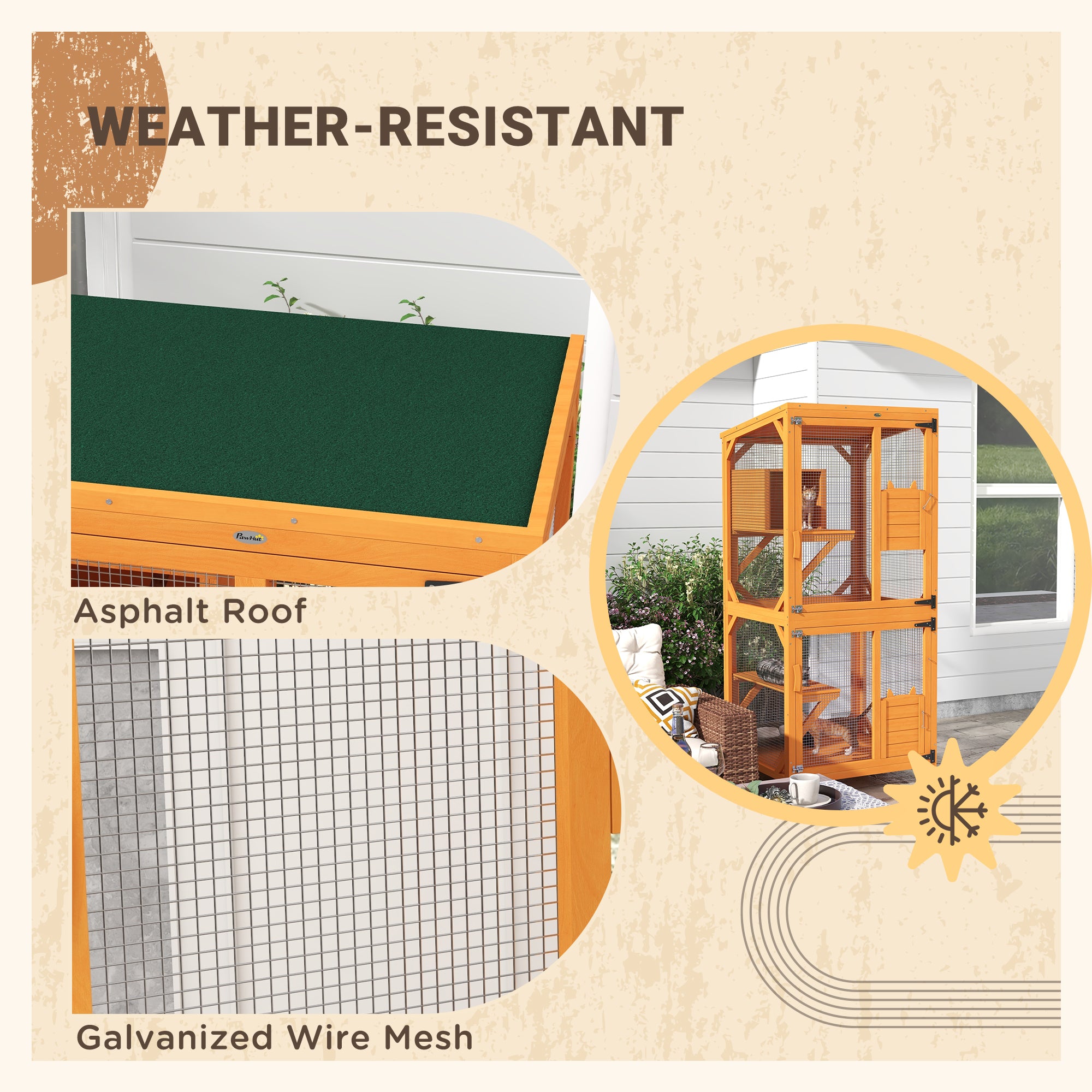 PawHut Outdoor Cat House, Large Catio Wooden Kitten Enclosure Elevated Design, with Wheels, Resting Box, Water-Resistant, Multi Platforms, for 1-3 Cats, Orange