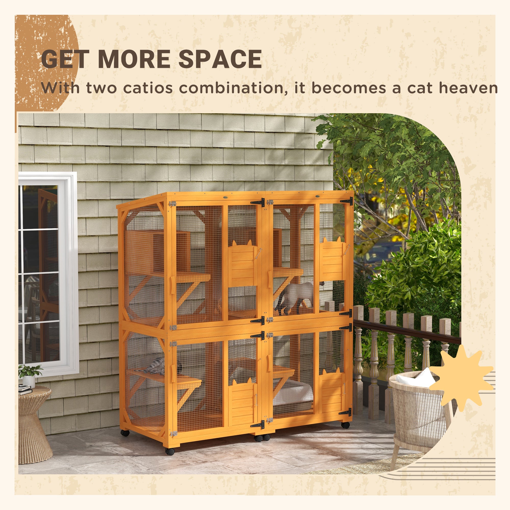 PawHut Outdoor Cat House, Large Catio Wooden Kitten Enclosure Elevated Design, with Wheels, Resting Box, Water-Resistant, Multi Platforms, for 1-3 Cats, Orange