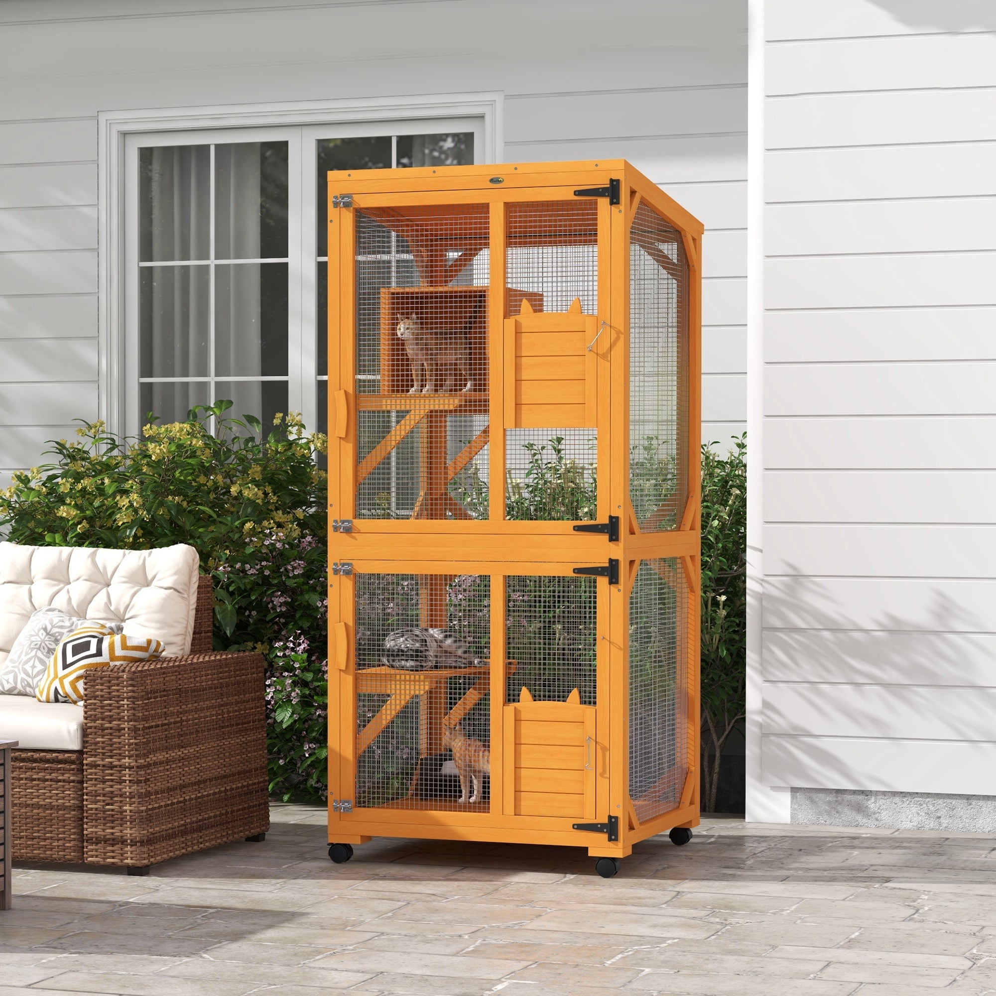 PawHut Outdoor Cat House, Large Catio Wooden Kitten Enclosure Elevated Design, with Wheels, Resting Box, Water-Resistant, Multi Platforms, for 1-3 Cats, Orange