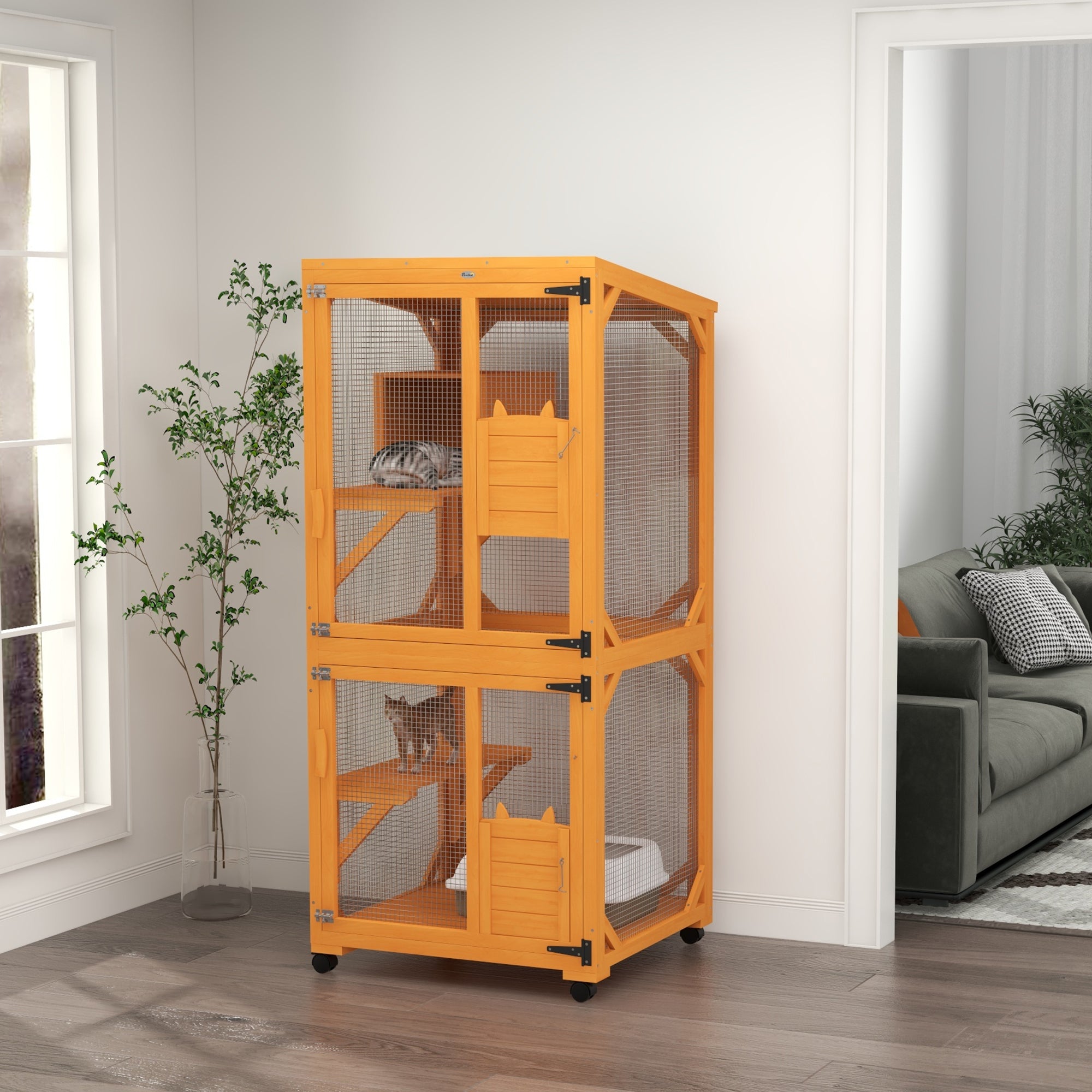 PawHut Outdoor Cat House, Large Catio Wooden Kitten Enclosure Elevated Design, with Wheels, Resting Box, Water-Resistant, Multi Platforms, for 1-3 Cats, Orange