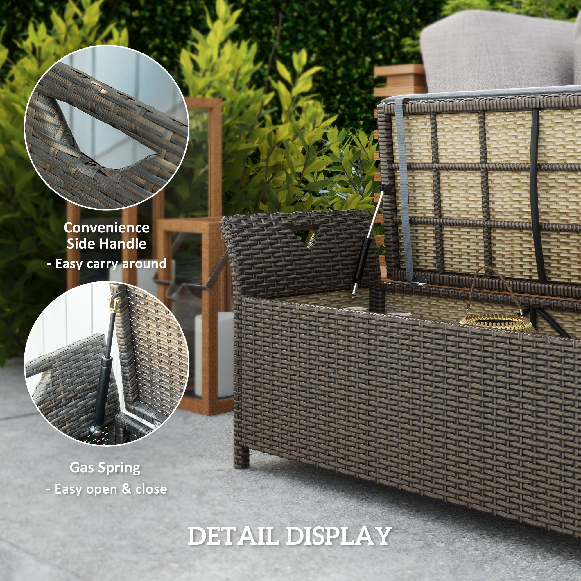 Outsunny 2-In-1 Patio Wicker Storage Bench, 27 Gallon Outdoor PE Rattan Patio Furniture, Large Capacity Rectangle Basket Box with Handles and Cushion, Dark Grey