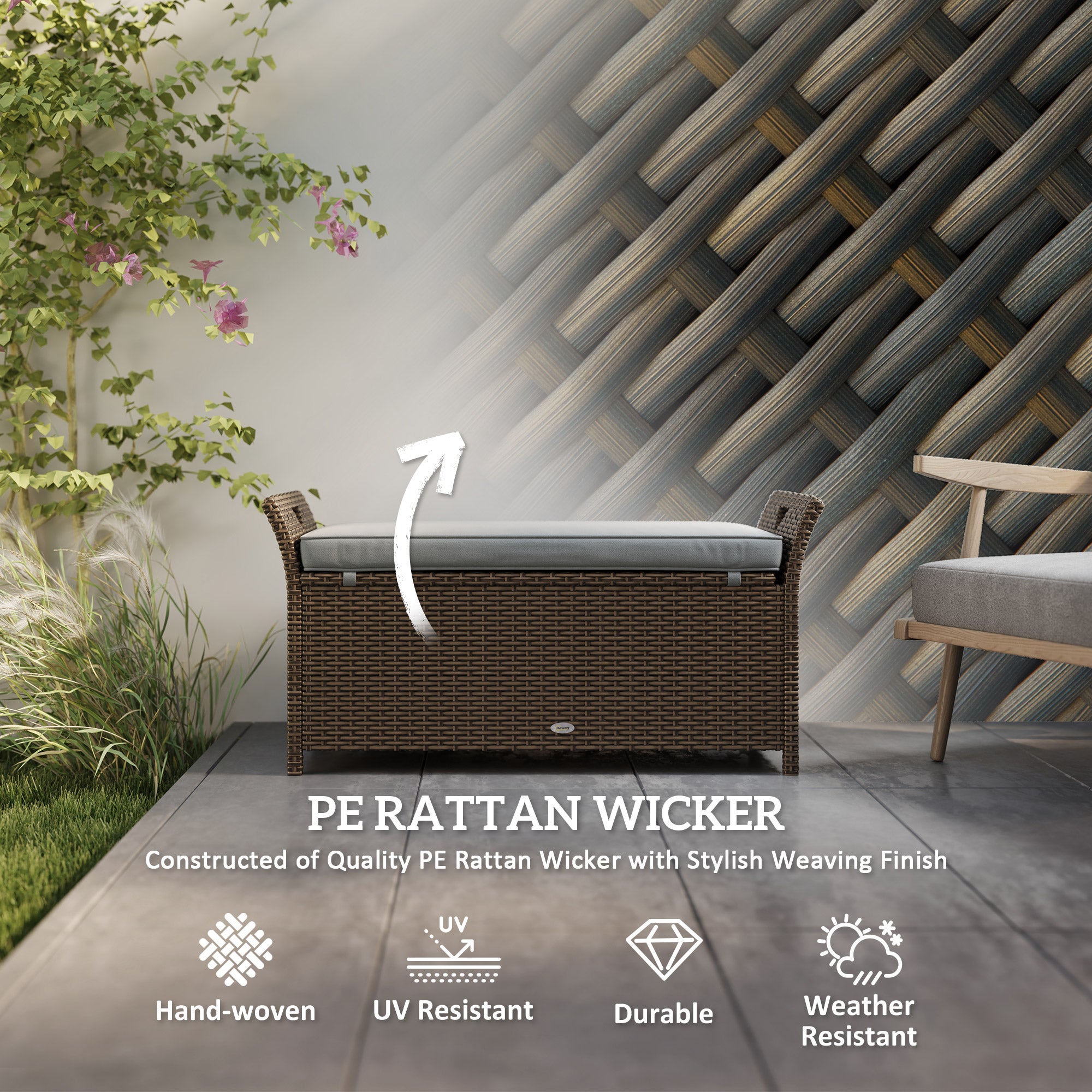 Outsunny 2-In-1 Patio Wicker Storage Bench, 27 Gallon Outdoor PE Rattan Patio Furniture, Large Capacity Rectangle Basket Box with Handles and Cushion, Dark Grey