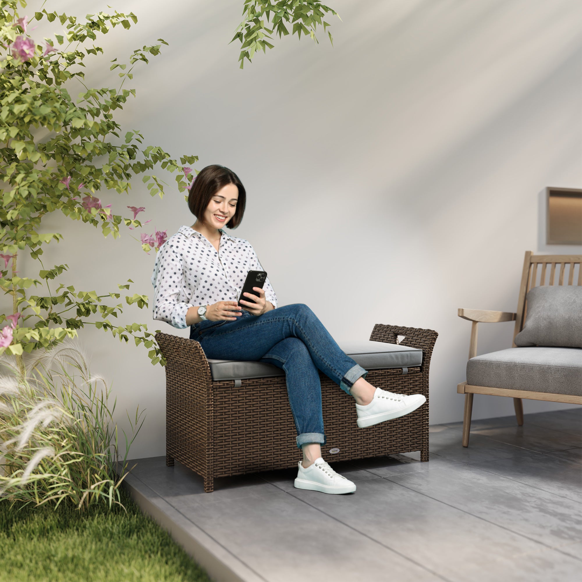 Outsunny 2-In-1 Patio Wicker Storage Bench, 27 Gallon Outdoor PE Rattan Patio Furniture, Large Capacity Rectangle Basket Box with Handles and Cushion, Dark Grey