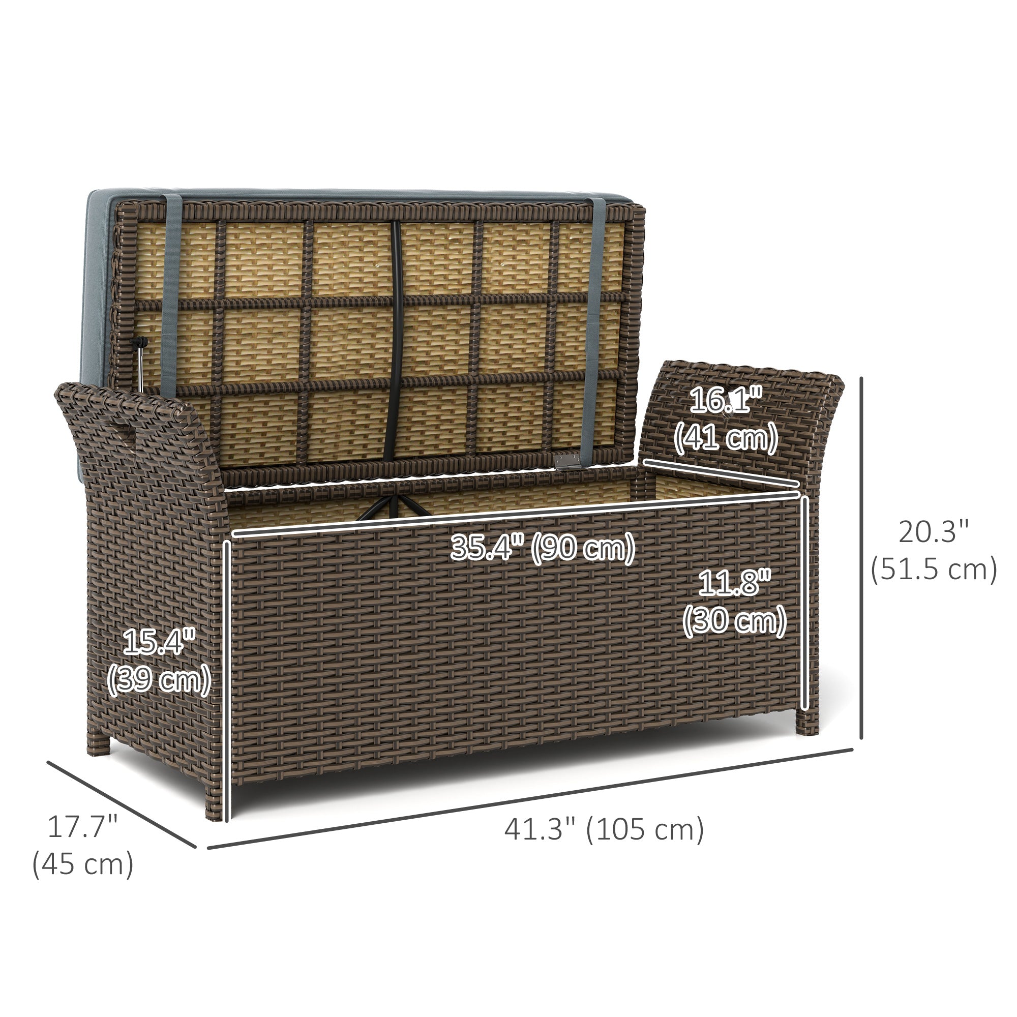 Outsunny 2-In-1 Patio Wicker Storage Bench, 27 Gallon Outdoor PE Rattan Patio Furniture, Large Capacity Rectangle Basket Box with Handles and Cushion, Dark Grey