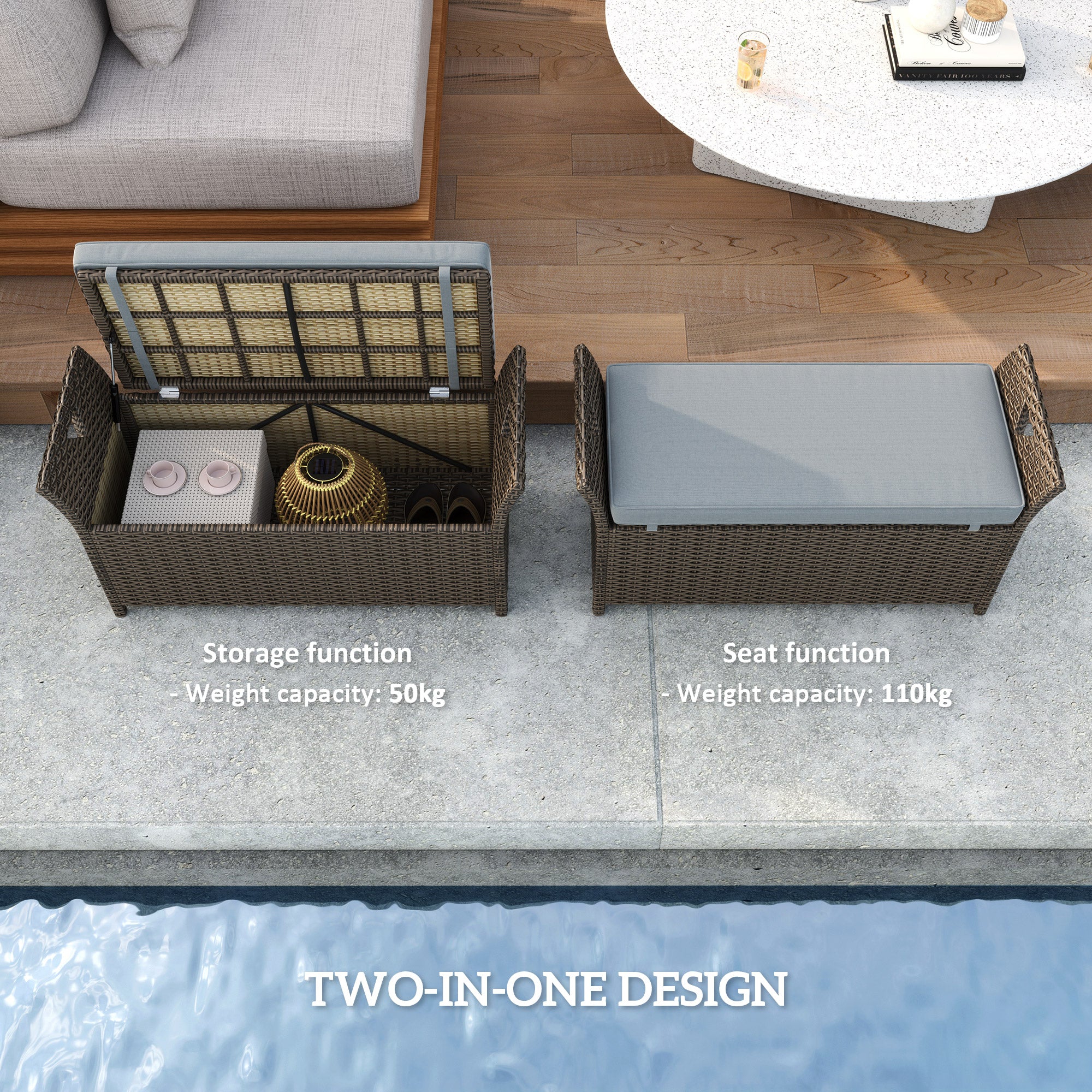 Outsunny 2-In-1 Patio Wicker Storage Bench, 27 Gallon Outdoor PE Rattan Patio Furniture, Large Capacity Rectangle Basket Box with Handles and Cushion, Dark Grey