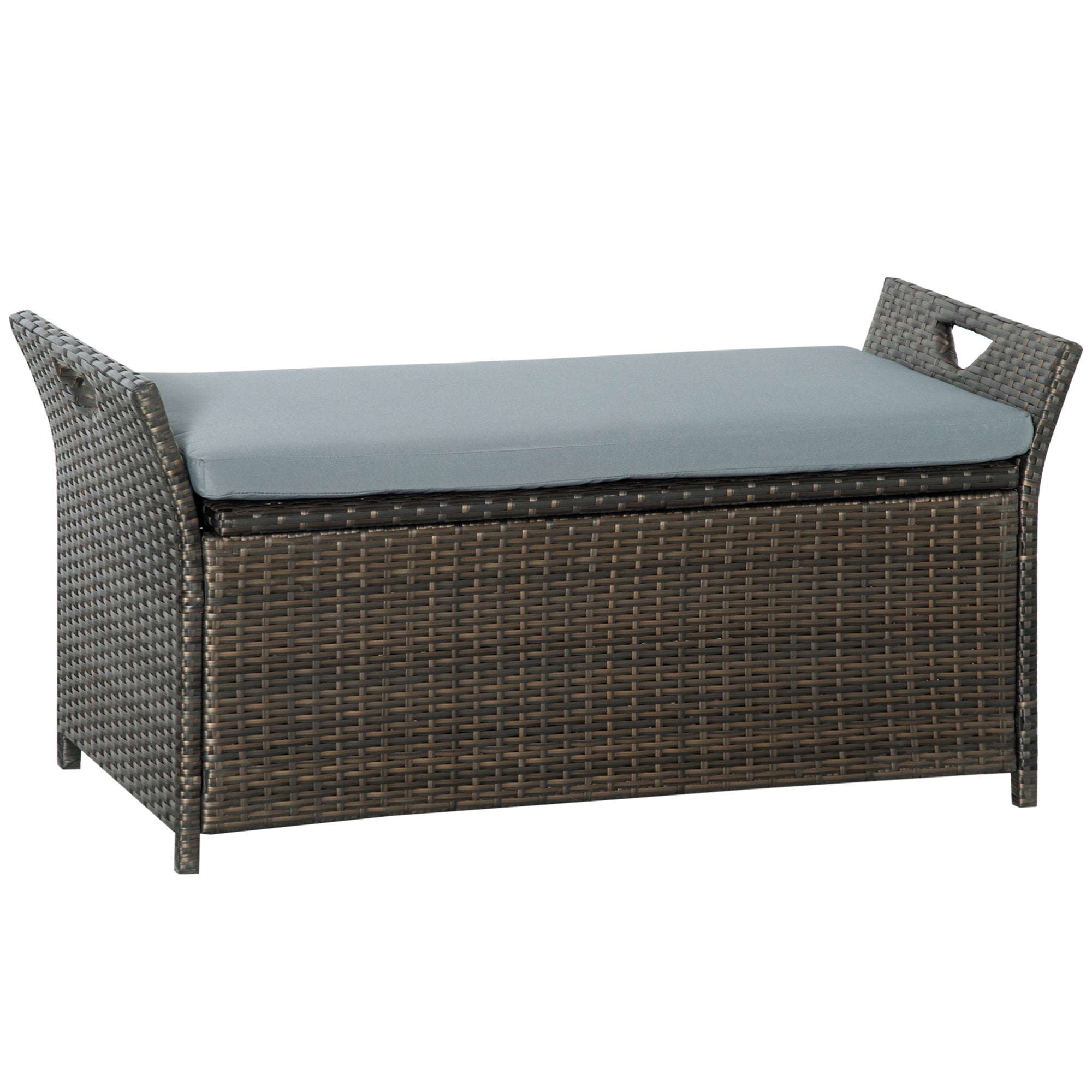 Outsunny 2-In-1 Patio Wicker Storage Bench, 27 Gallon Outdoor PE Rattan Patio Furniture, Large Capacity Rectangle Basket Box with Handles and Cushion, Dark Grey