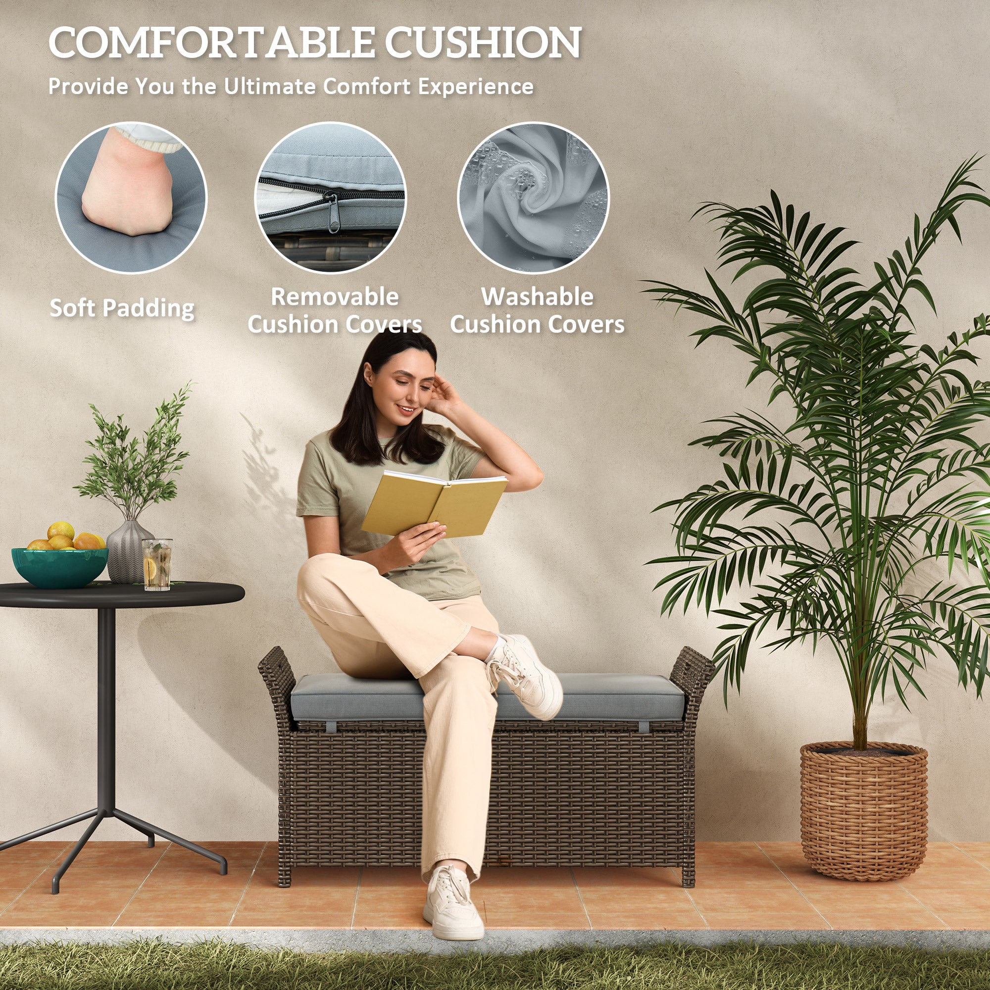 Outsunny 2-In-1 Patio Wicker Storage Bench, 27 Gallon Outdoor PE Rattan Patio Furniture, Large Capacity Rectangle Basket Box with Handles and Cushion, Dark Grey