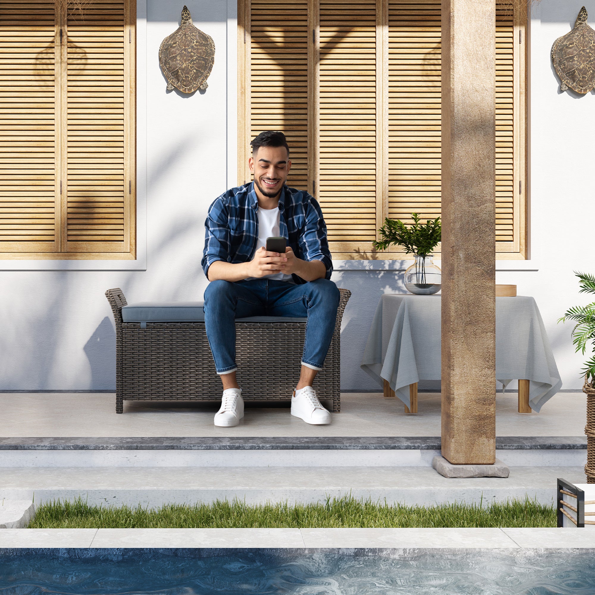 Outsunny 2-In-1 Patio Wicker Storage Bench, 27 Gallon Outdoor PE Rattan Patio Furniture, Large Capacity Rectangle Basket Box with Handles and Cushion, Dark Grey