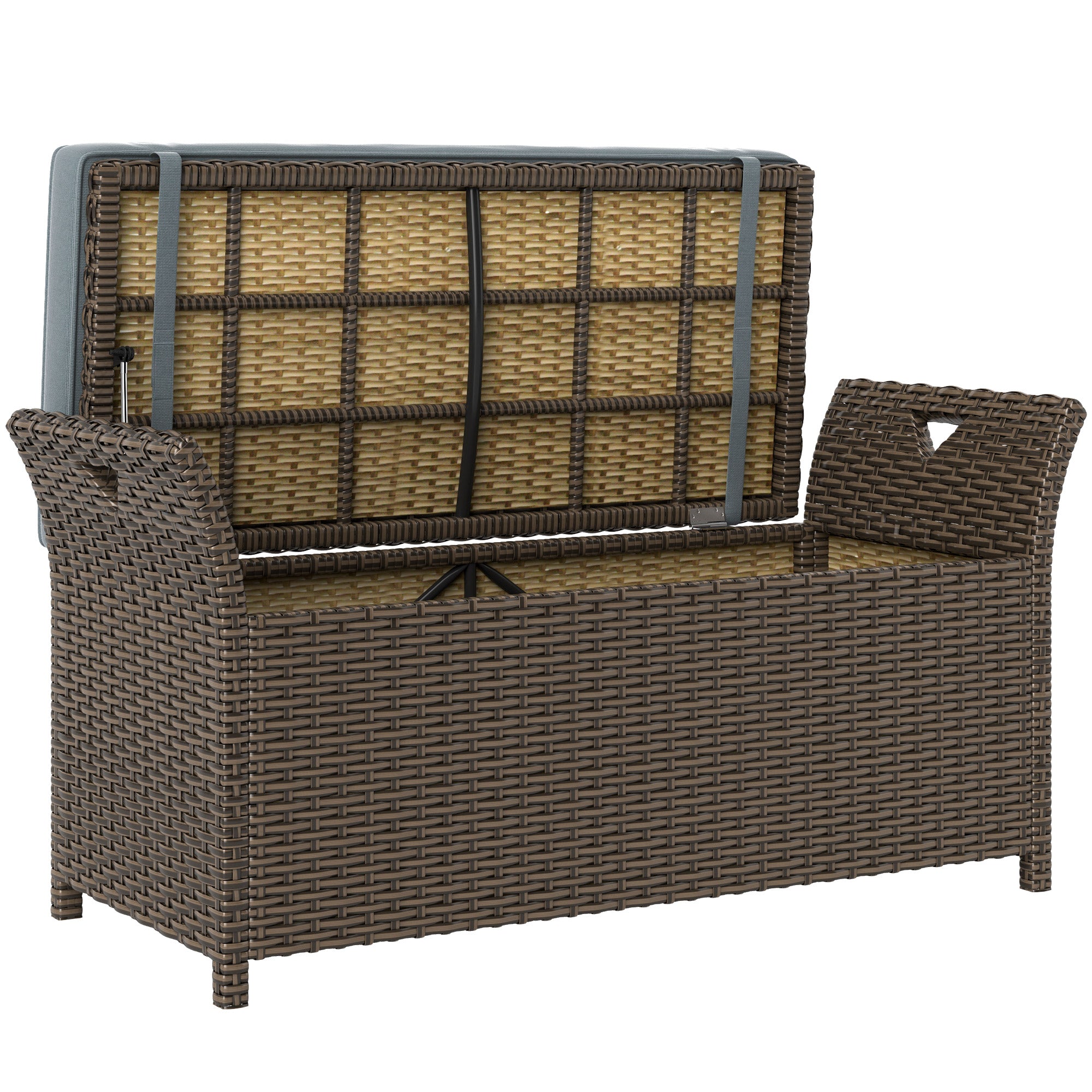 Outsunny 2-In-1 Patio Wicker Storage Bench, 27 Gallon Outdoor PE Rattan Patio Furniture, Large Capacity Rectangle Basket Box with Handles and Cushion, Dark Grey